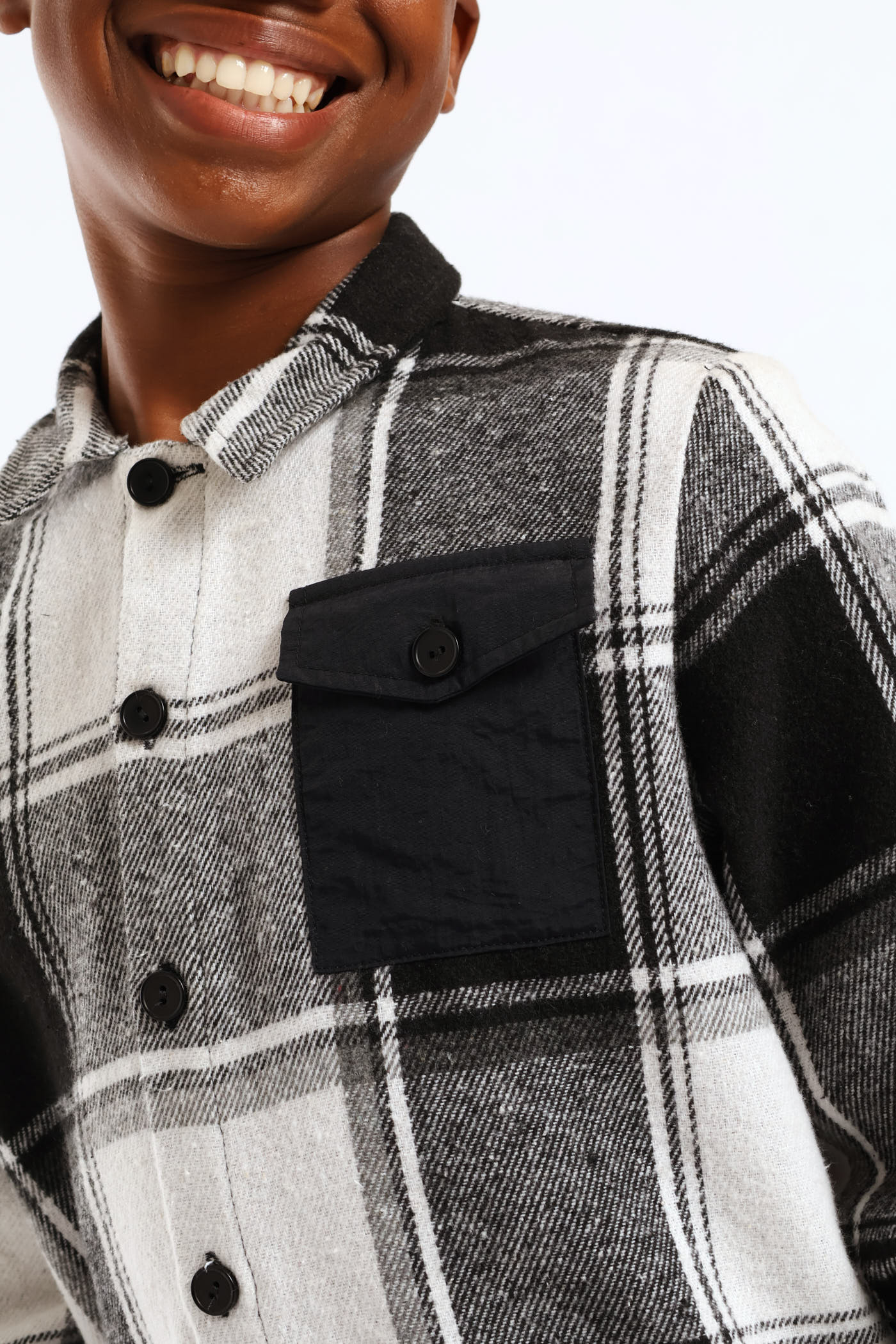 Boys Solid Pocket Flannel Shirt - Black/White - Image 2