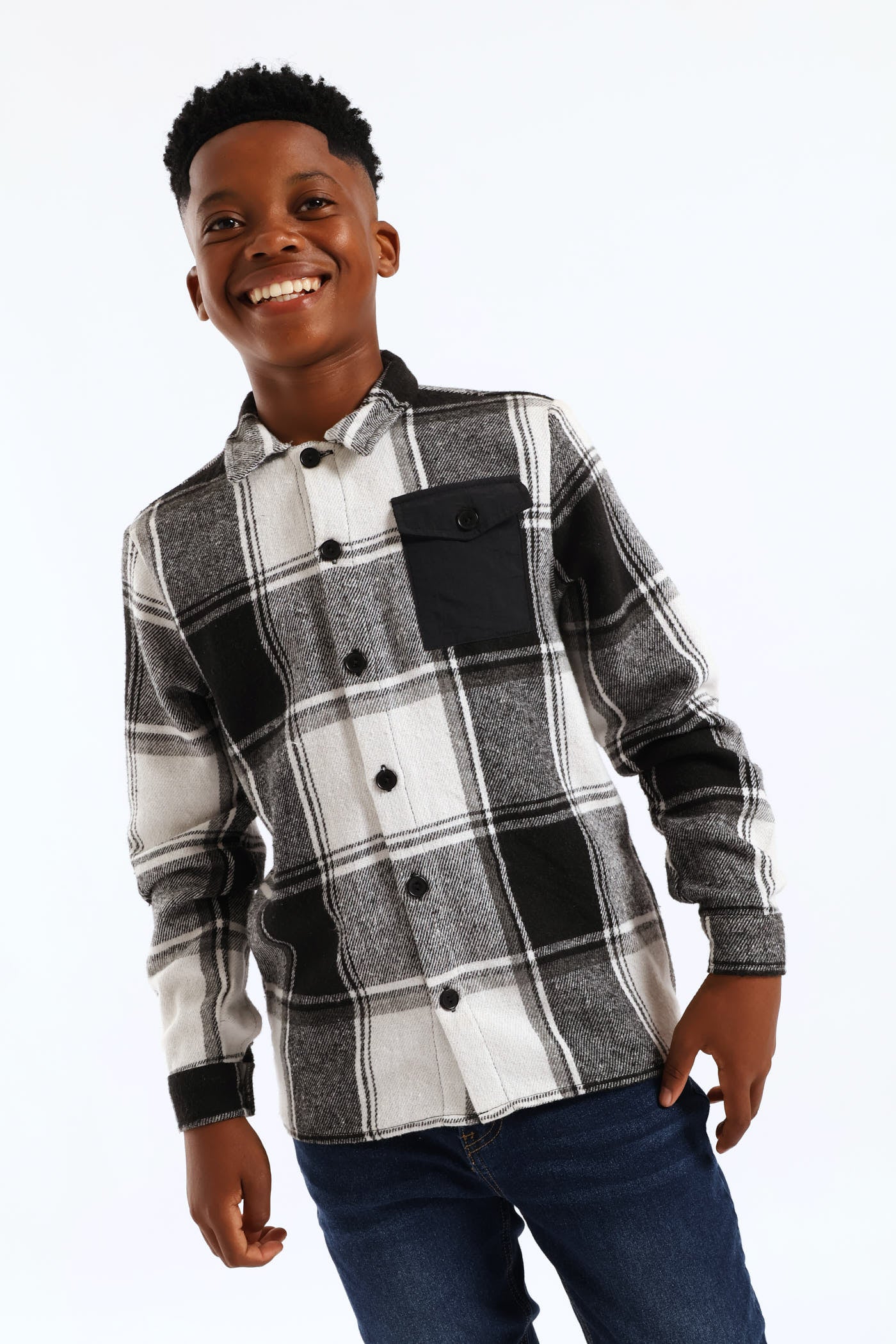 Boys Solid Pocket Flannel Shirt - Black/White - Image 4