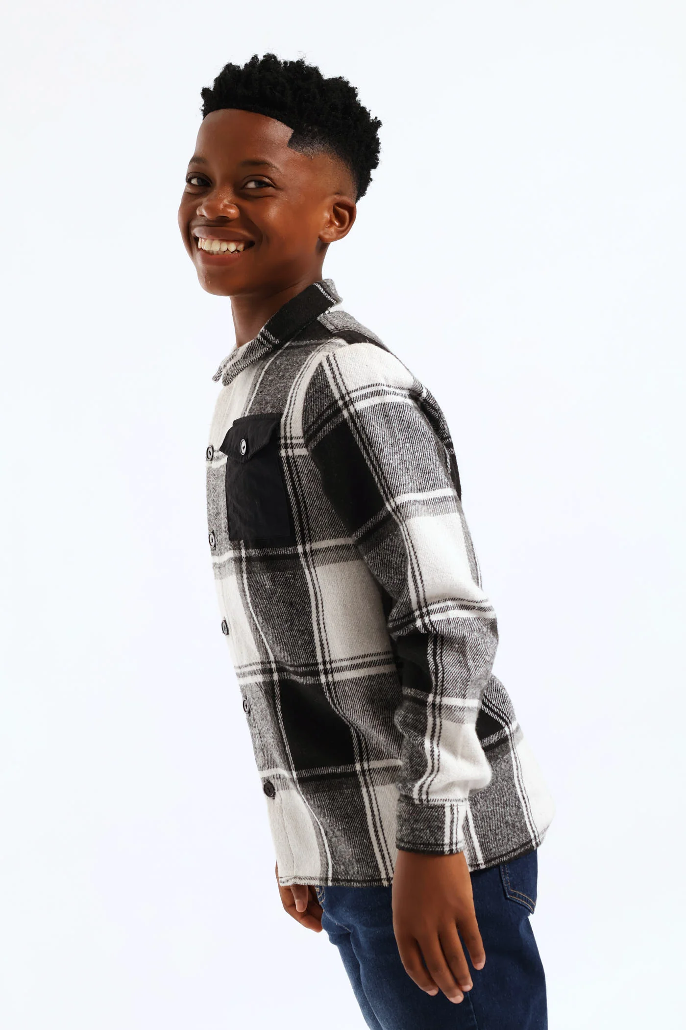 Boys Solid Pocket Flannel Shirt - Black/White - Image 5