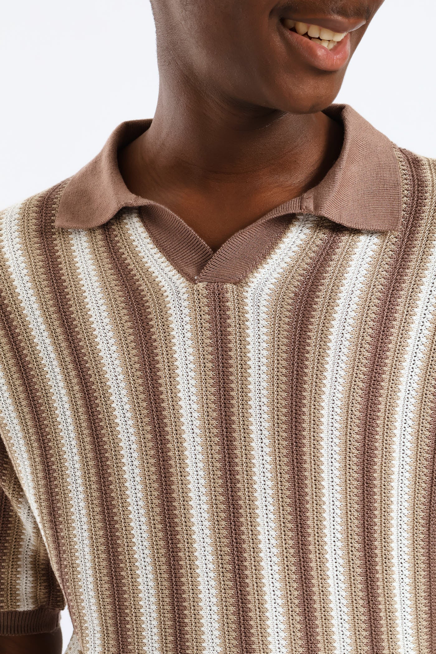 Boys Stripe Knit Notch Golfer - Brown - Image 2