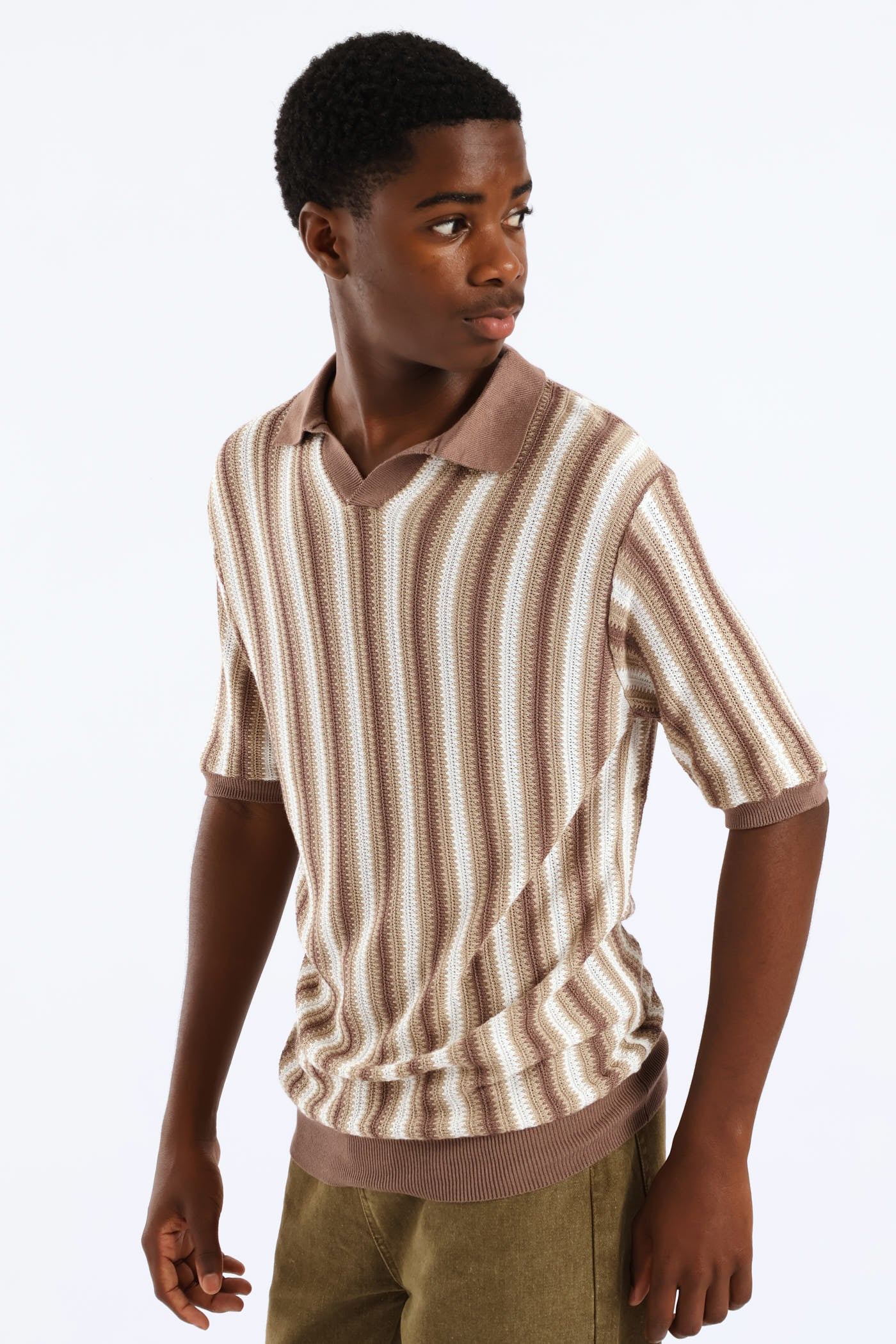Boys Stripe Knit Notch Golfer - Brown - Image 3