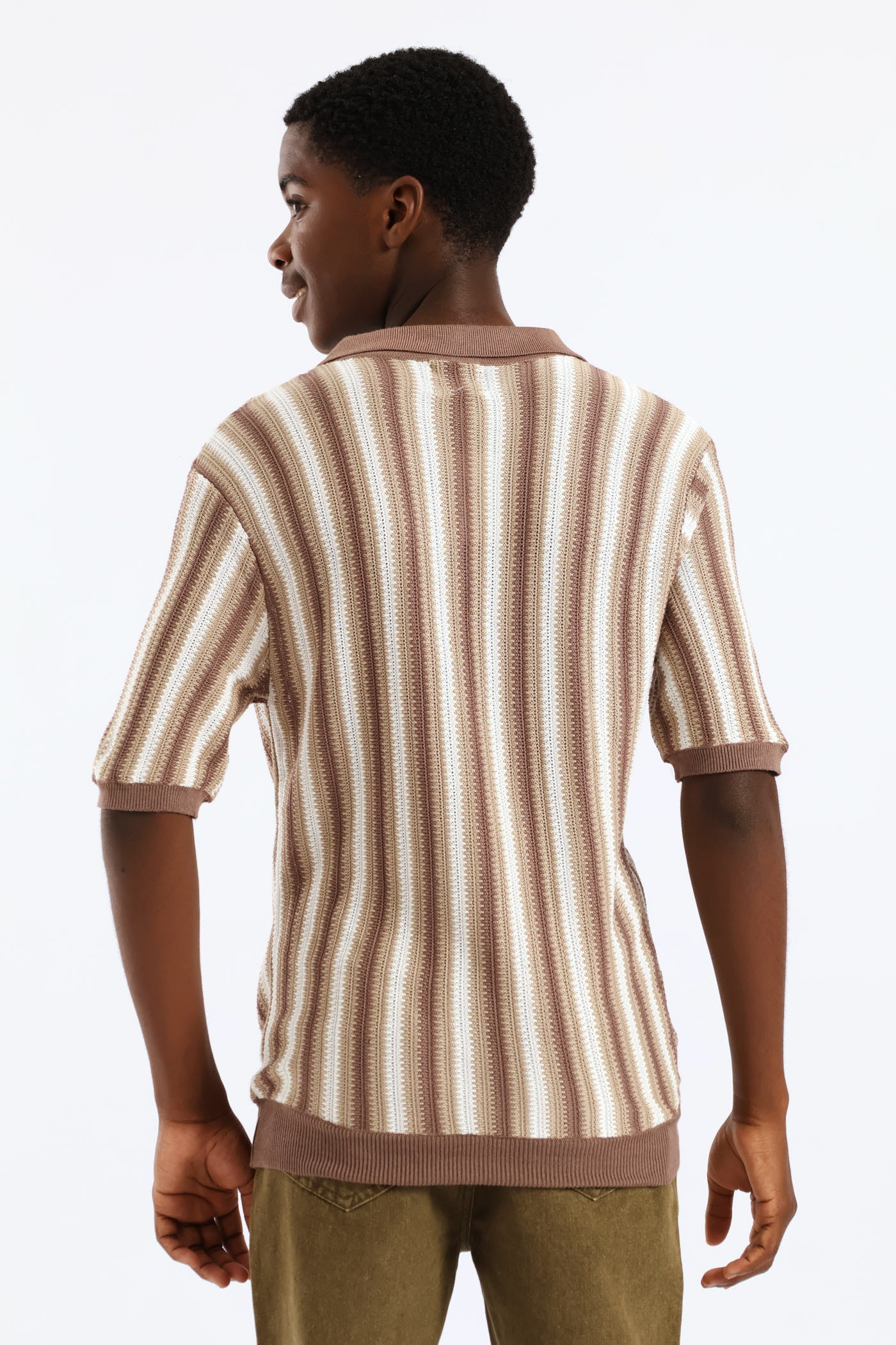 Boys Stripe Knit Notch Golfer - Brown - Image 4