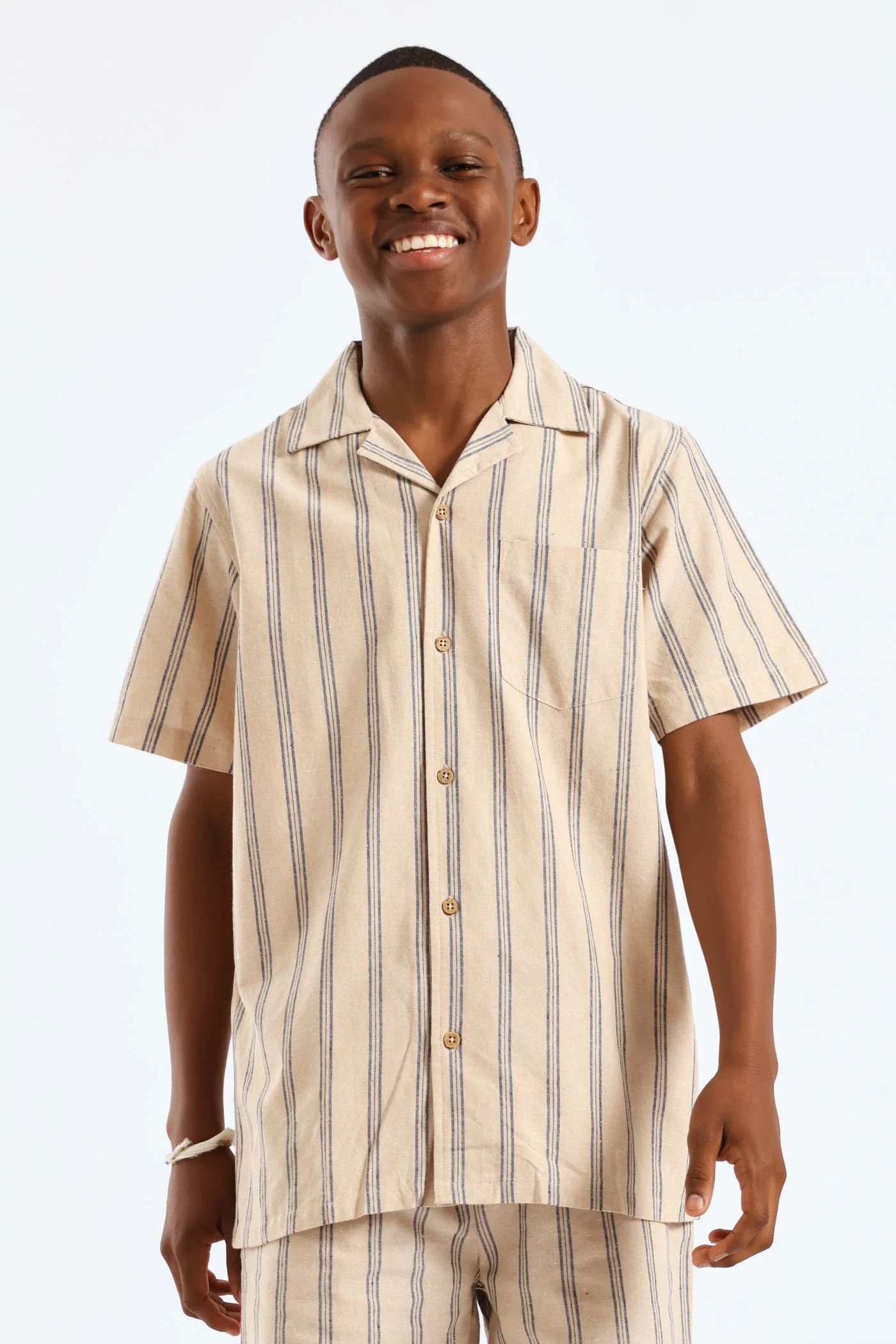 Boys Stripe Linen Blend Shirt - Stone/Blue - Image 3
