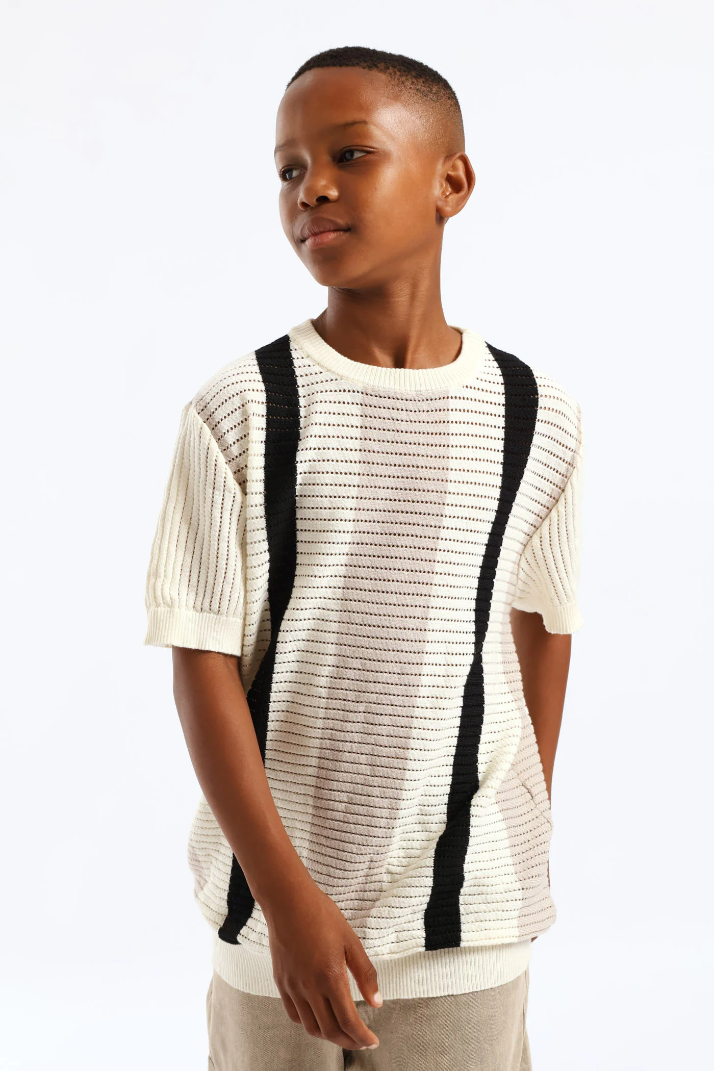 Boys Stripe Oversized Knit Pullover - Ivory - Image 3