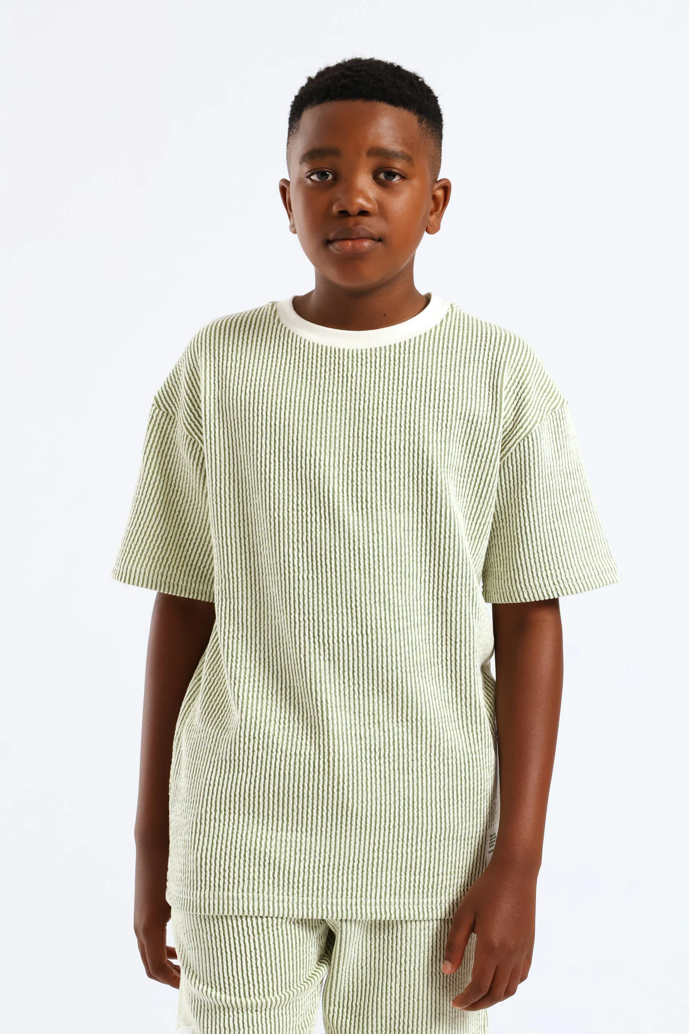Boys Stripe Seersucker Textured T-Shirt - Olive - Image 2