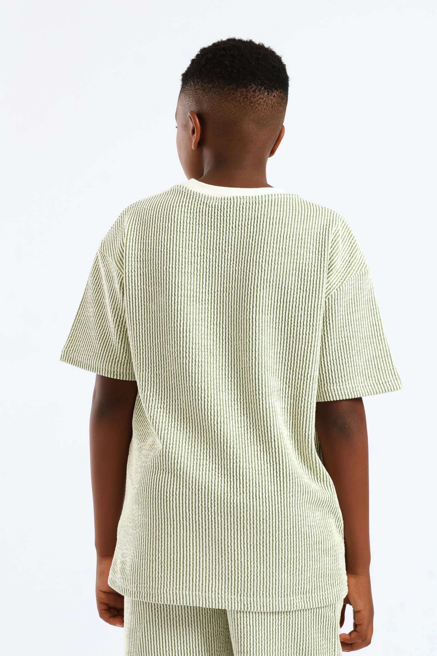 Boys Stripe Seersucker Textured T-Shirt - Olive - Image 3