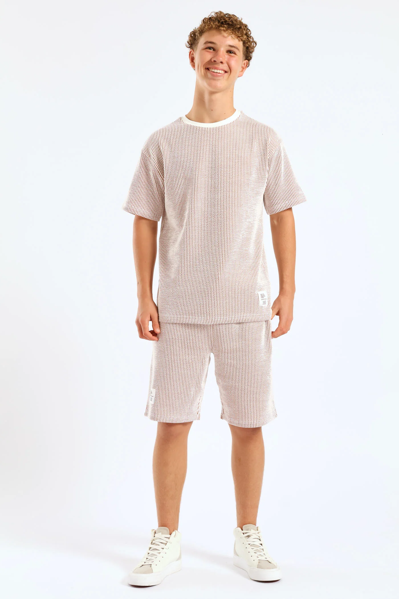Boys Stripe Seersucker Textured T-Shirt - Rust - Image 2