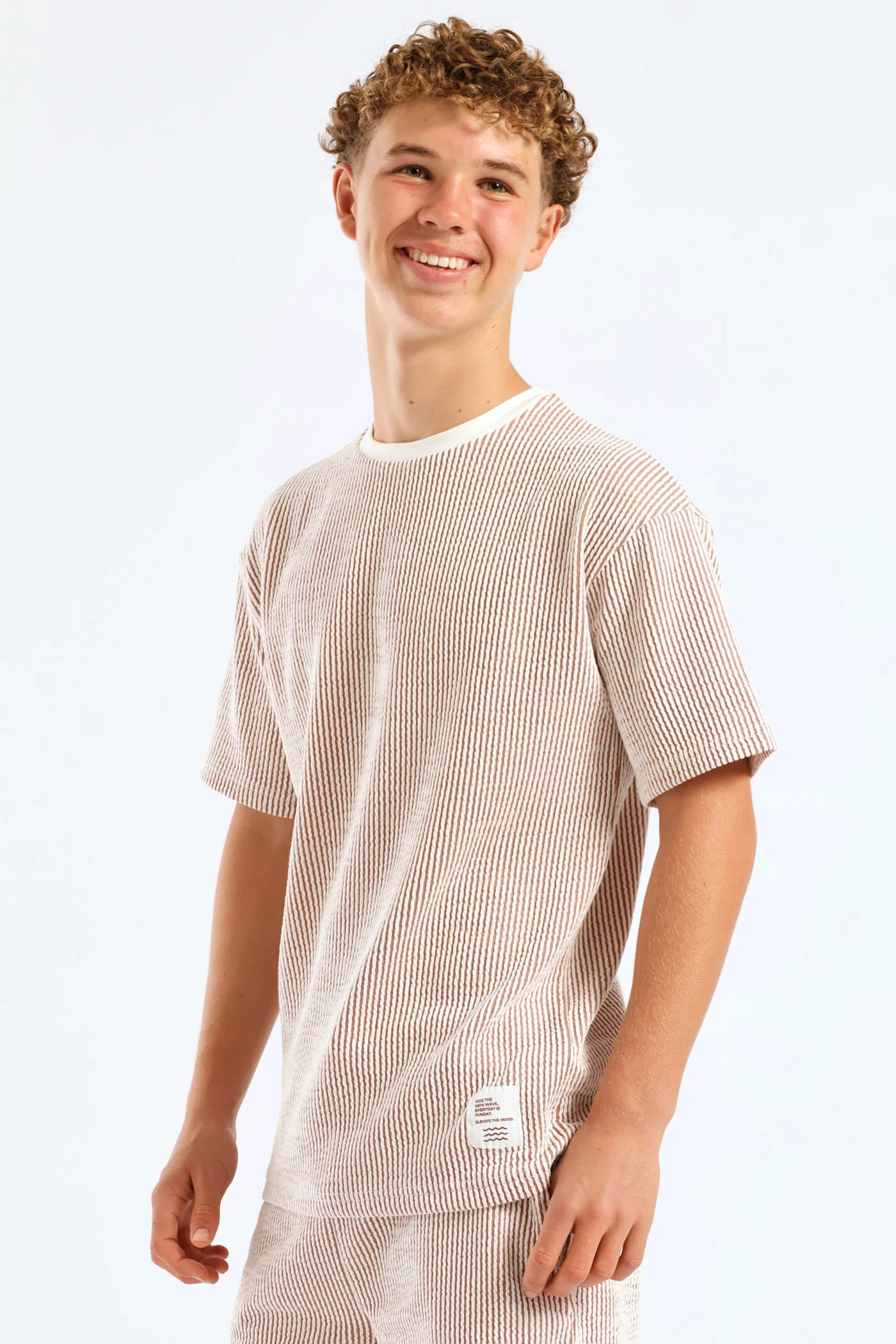 Boys Stripe Seersucker Textured T-Shirt - Rust - Image 3