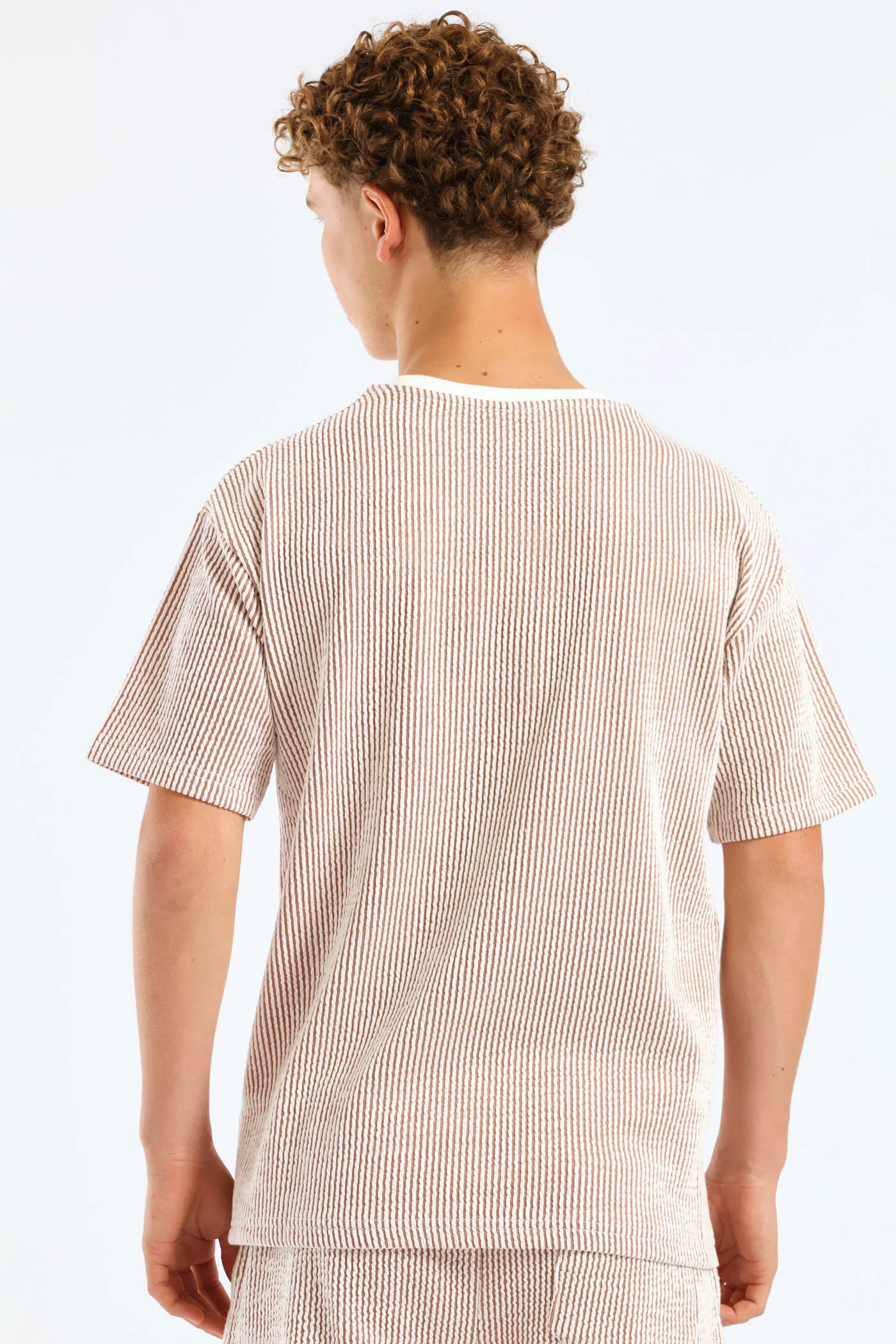 Boys Stripe Seersucker Textured T-Shirt - Rust - Image 4