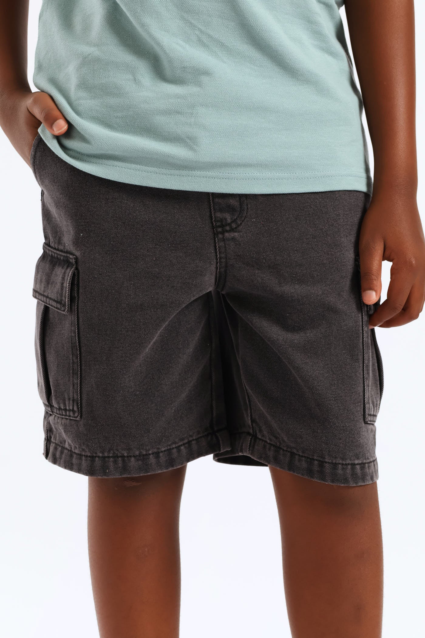 Boys Washed Bull Denim Cargo Short - Black/Grey - Image 3