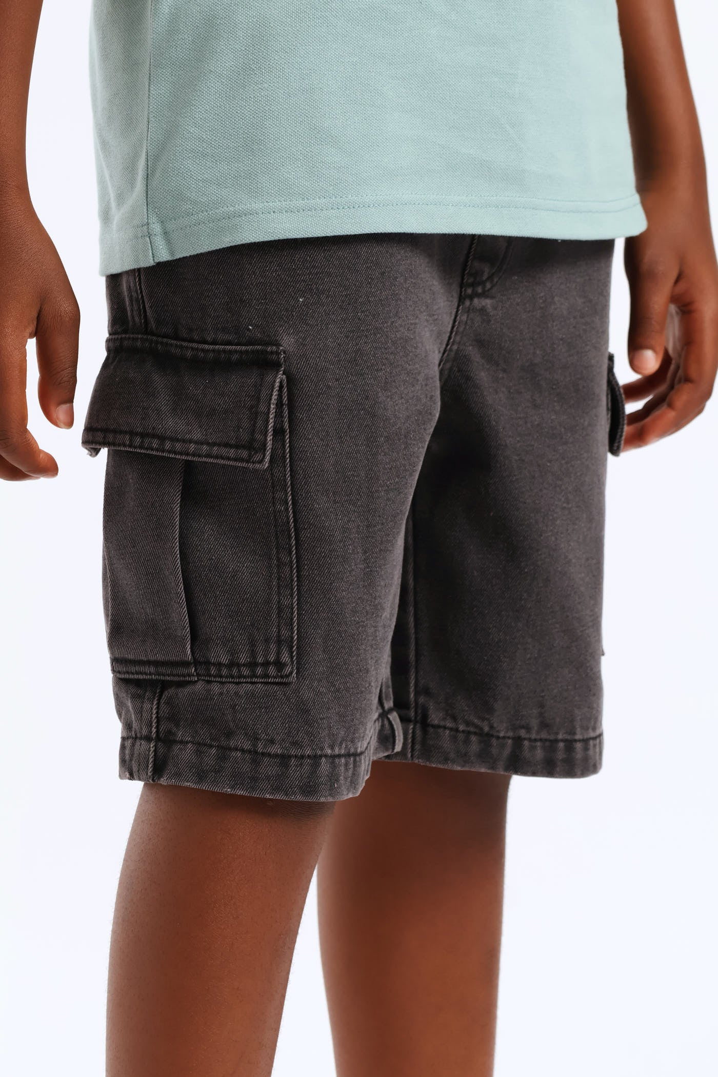 Boys Washed Bull Denim Cargo Short - Black/Grey - Image 4