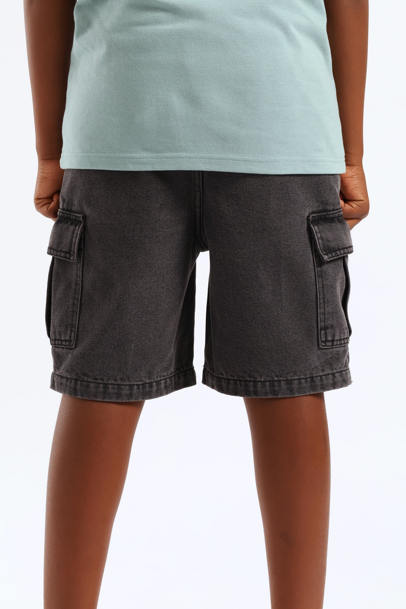 Boys Washed Bull Denim Cargo Short - Black/Grey - Image 5
