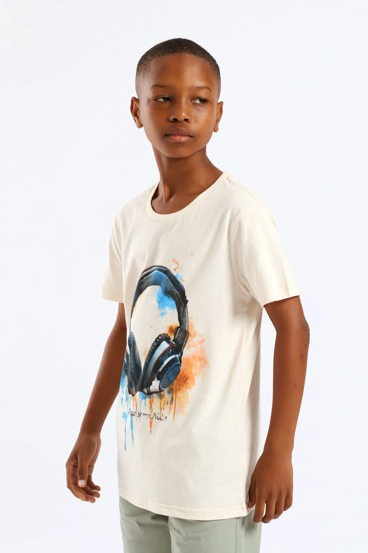 Boys Watercolour Headphone Tee - Cream - Image 5