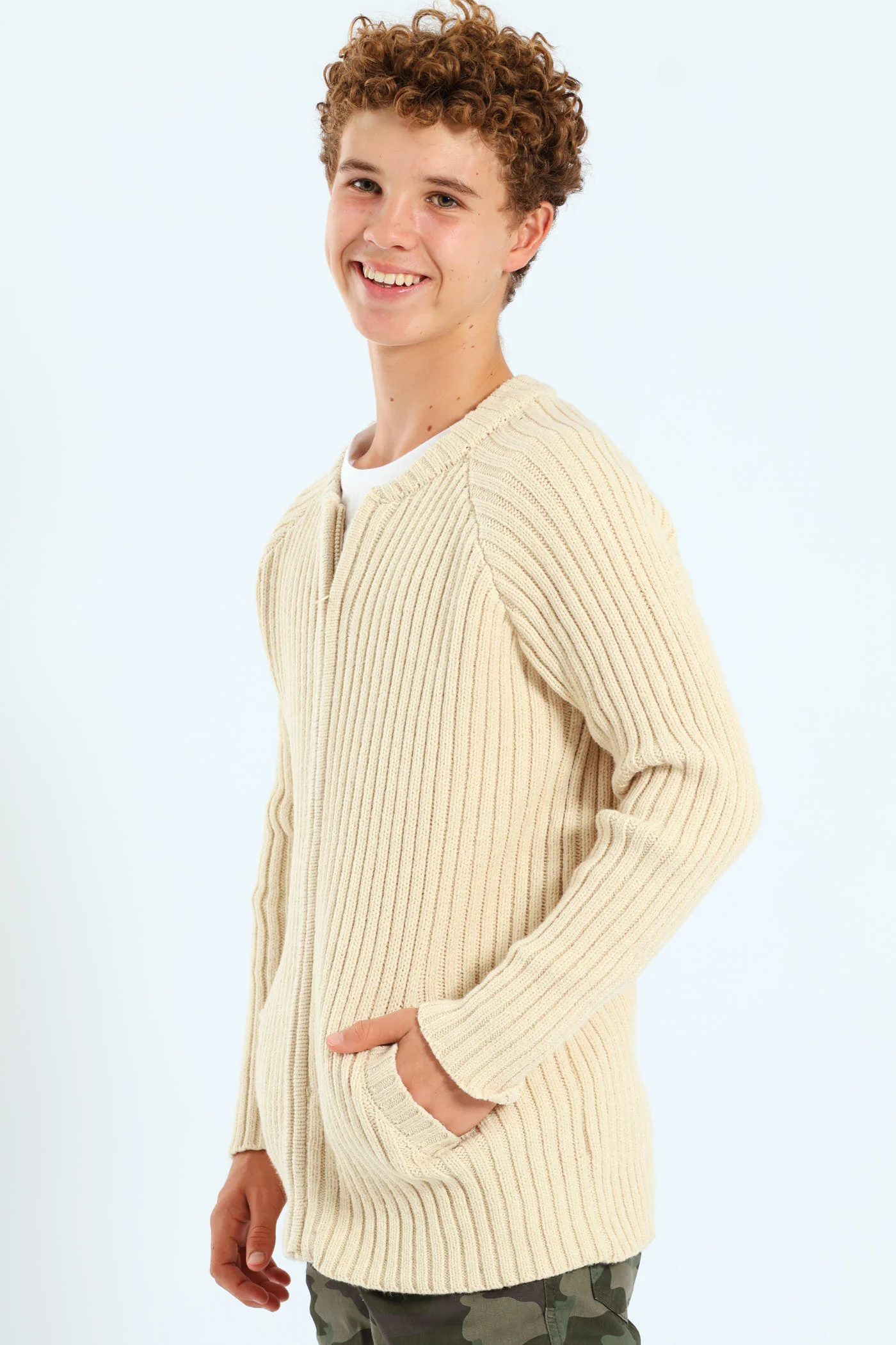 Boys Zip Through Rib Knitwear - Stone - Image 3