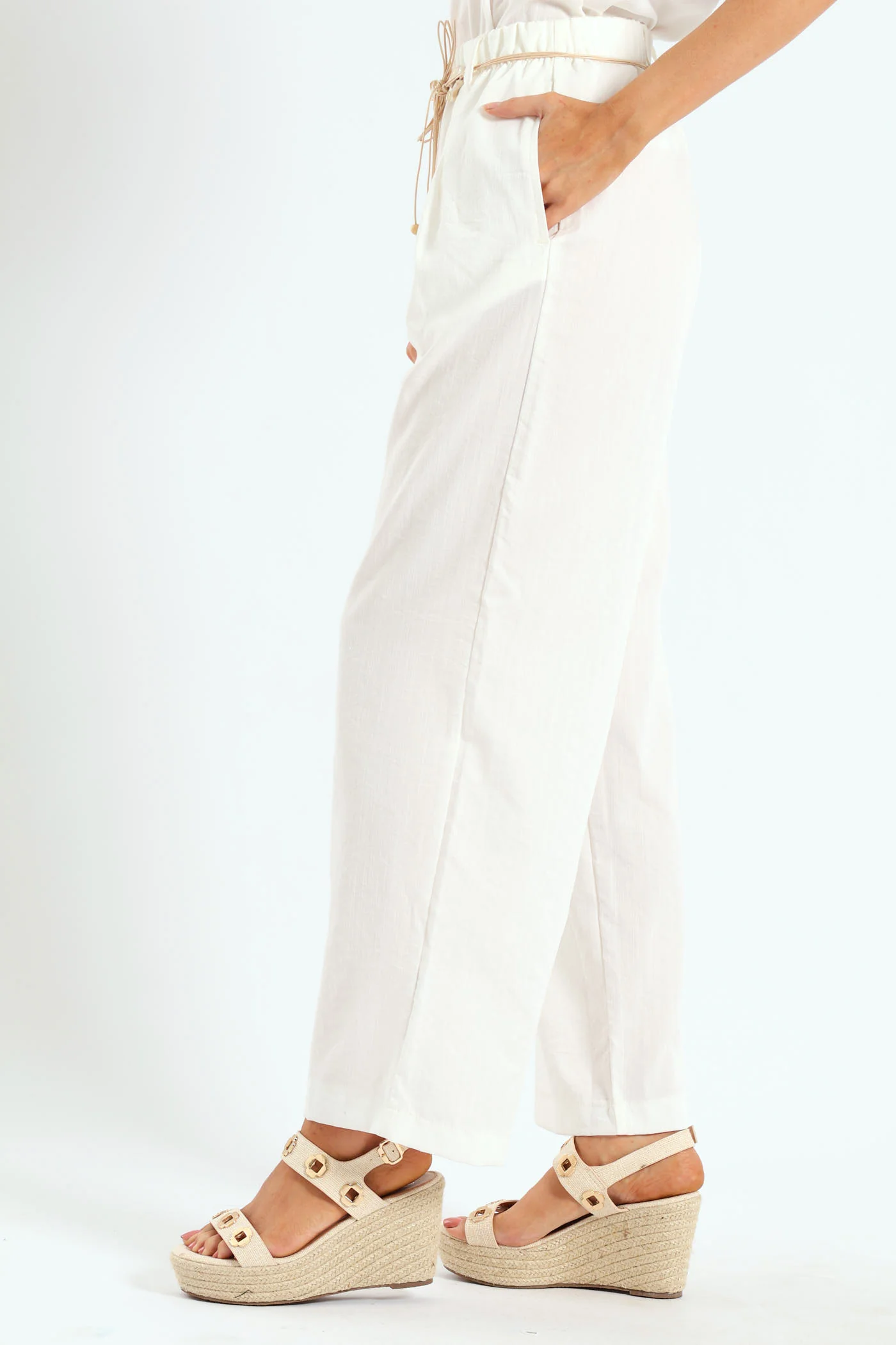 Braided Belt Pull-On Wideleg Pants - Off White - Image 3