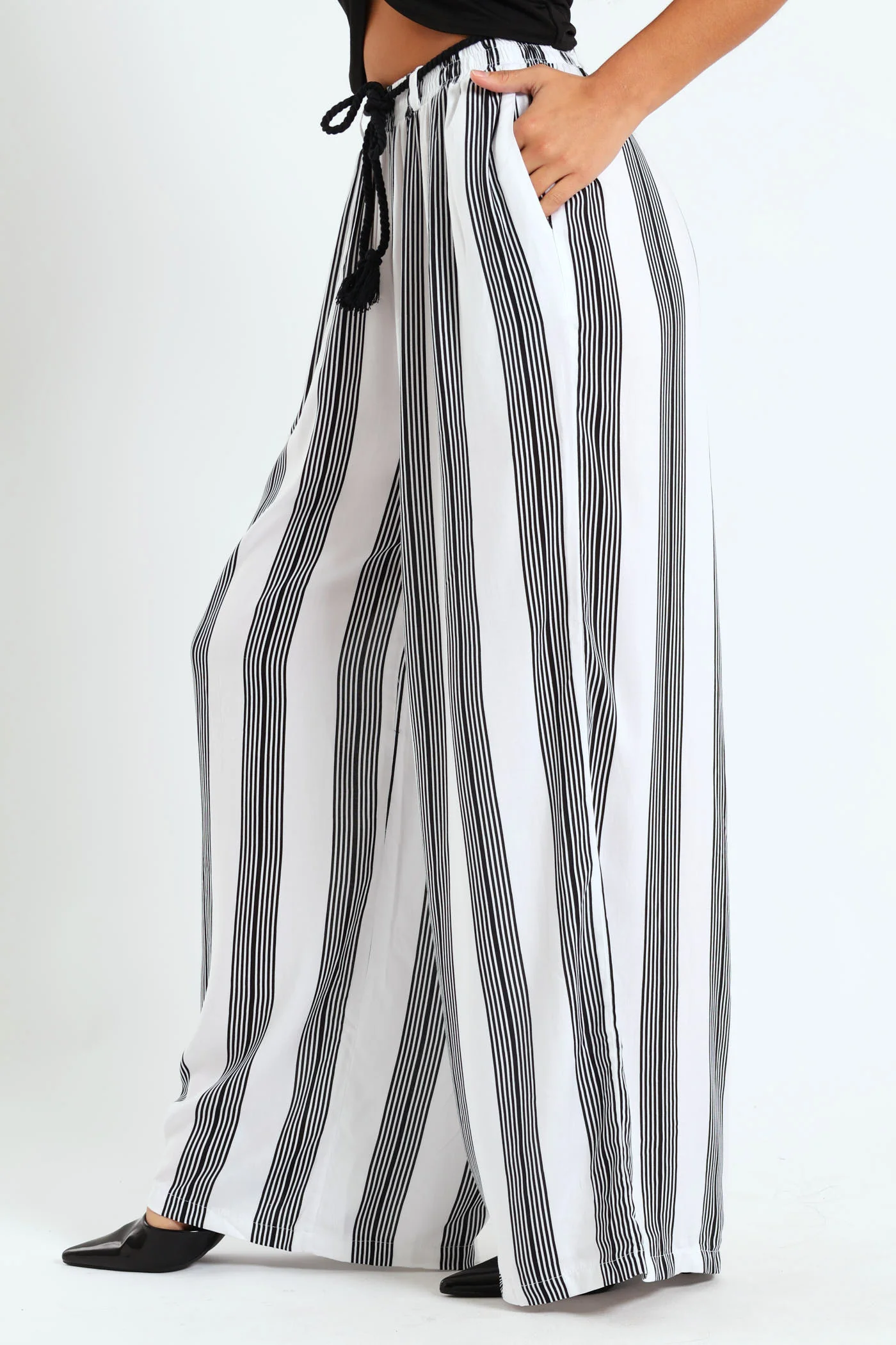 Braided Belt Striped Pants - Cream/Black - Image 3