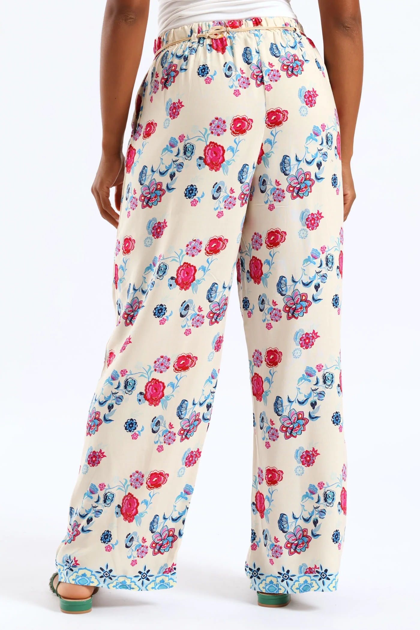 Braided Belt Tropical Floral Border Pullon Wideleg Pants - Pink/Blue - Image 3