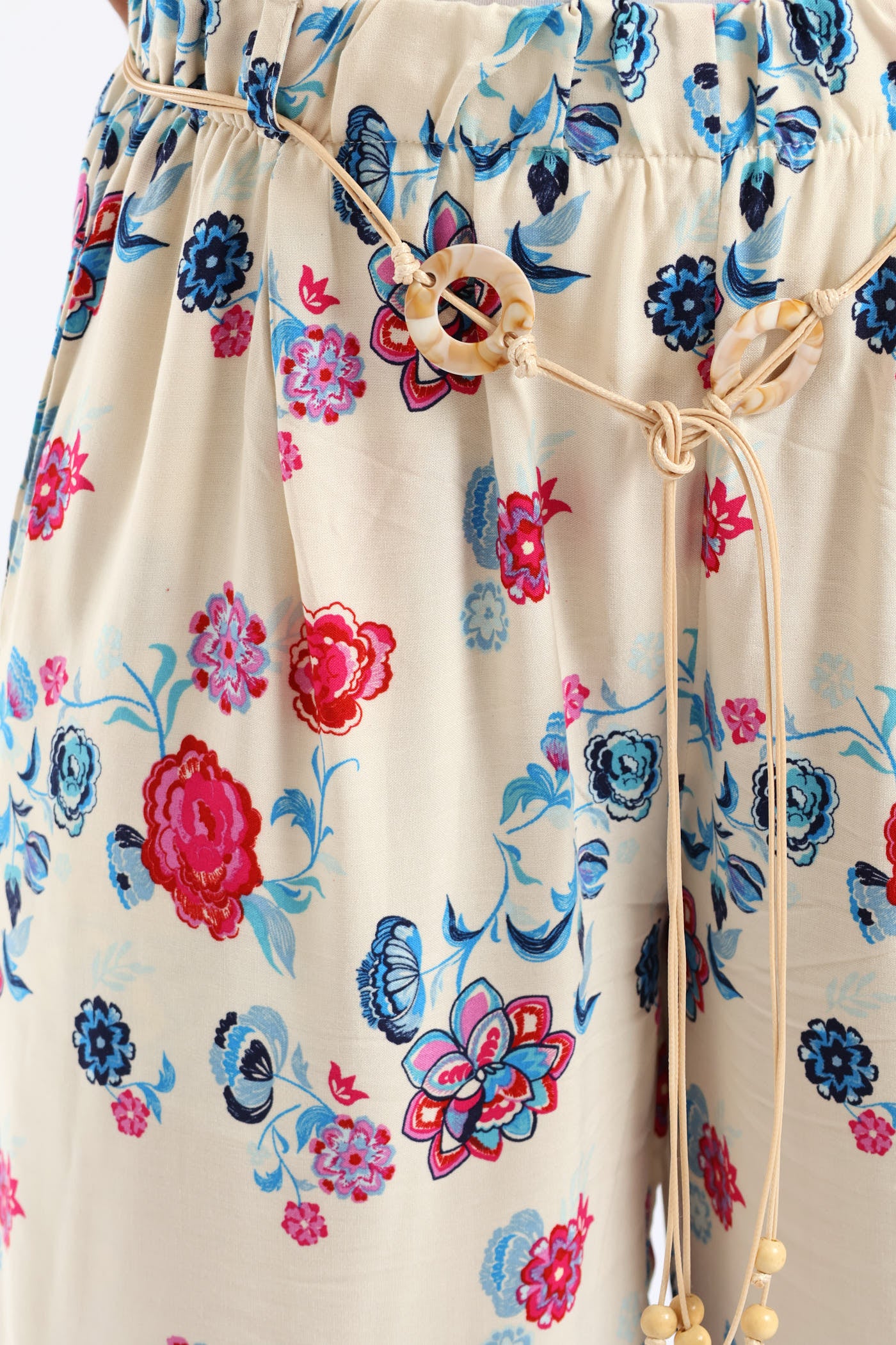Braided Belt Tropical Floral Border Pullon Wideleg Pants - Pink/Blue - Image 4