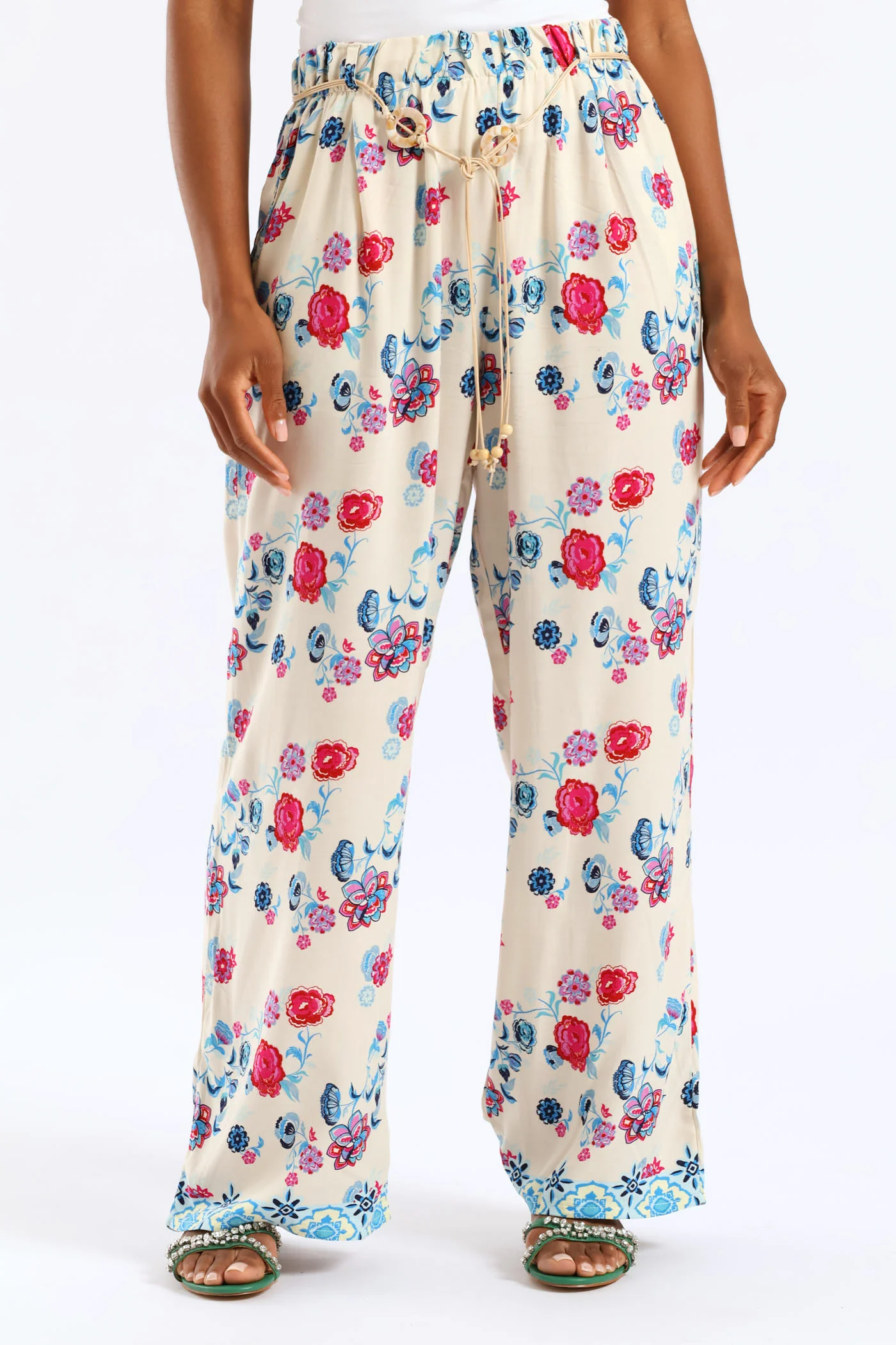 Braided Belt Tropical Floral Border Pullon Wideleg Pants - Pink/Blue - Image 5