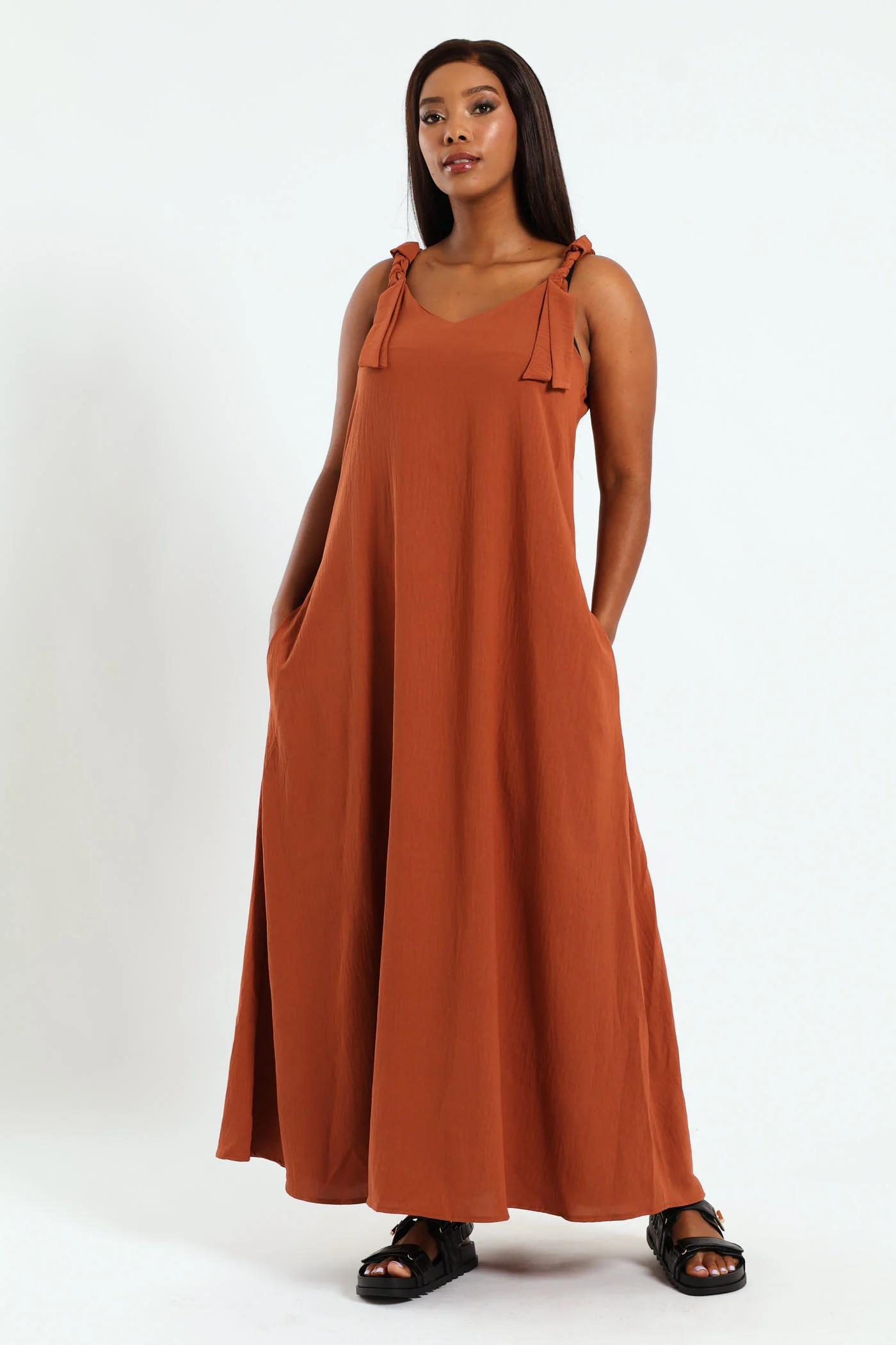 Braided Strap Slip Flare Maxi Dress With Pockets - Rust - Image 3