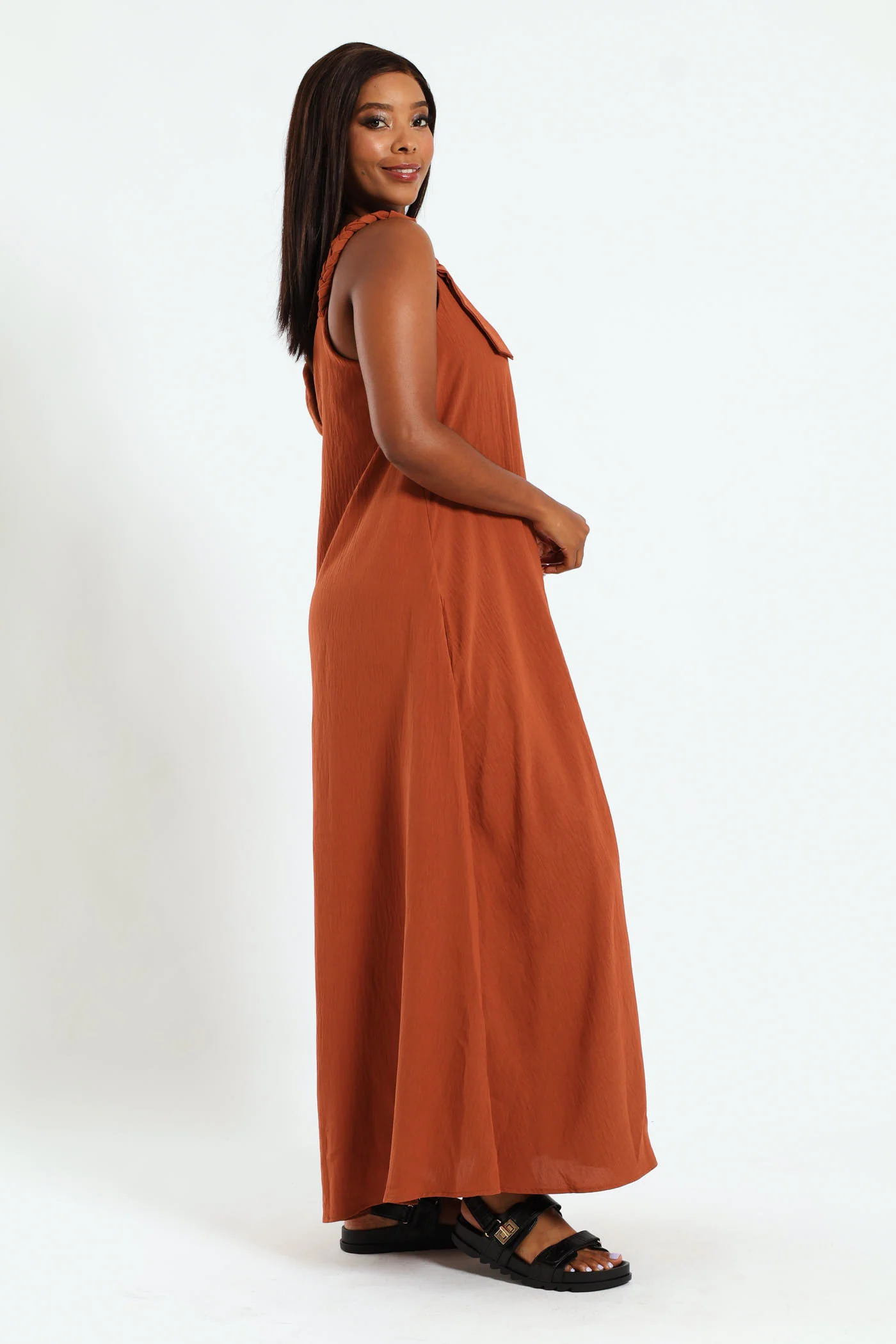 Braided Strap Slip Flare Maxi Dress With Pockets - Rust - Image 4