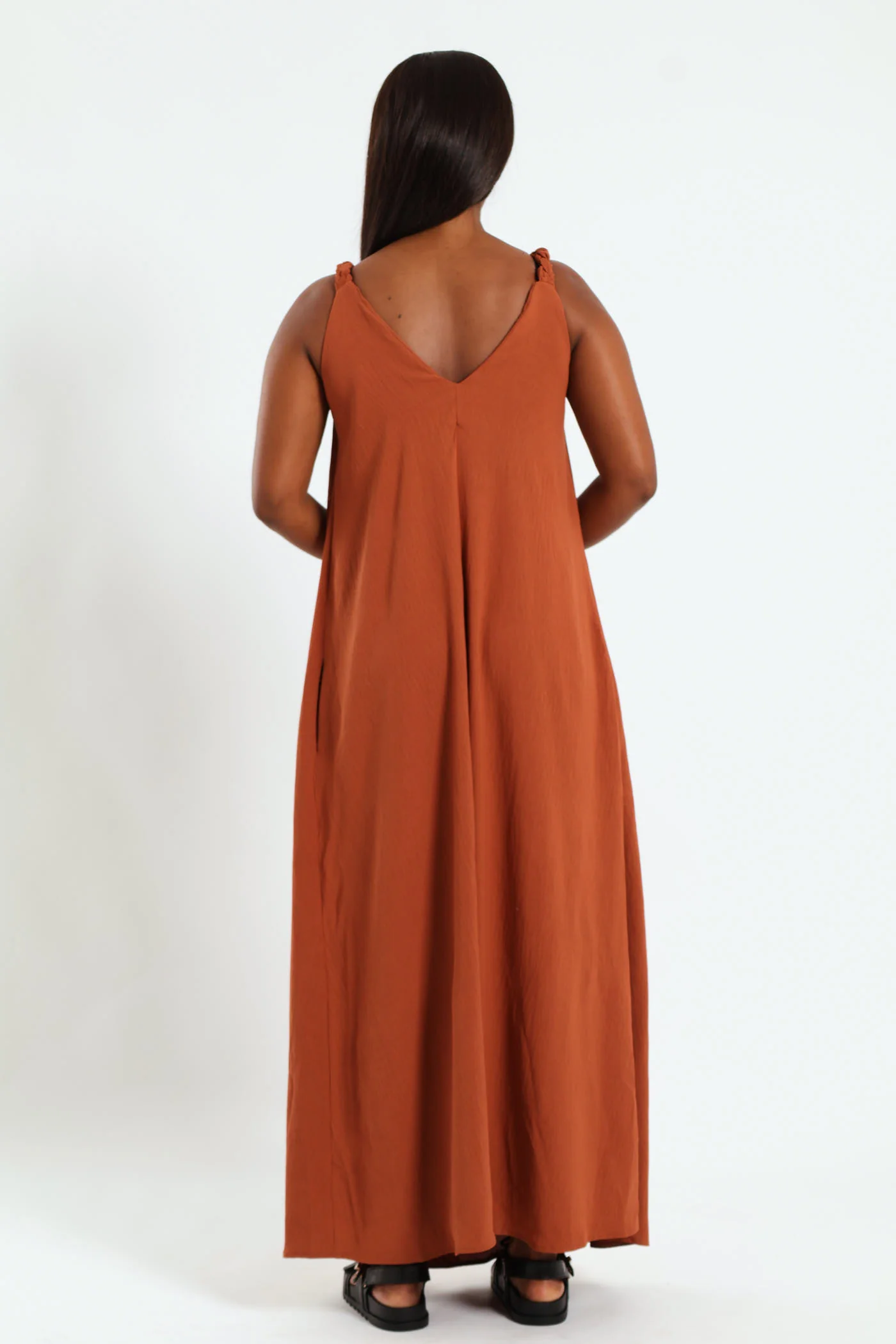 Braided Strap Slip Flare Maxi Dress With Pockets - Rust - Image 5