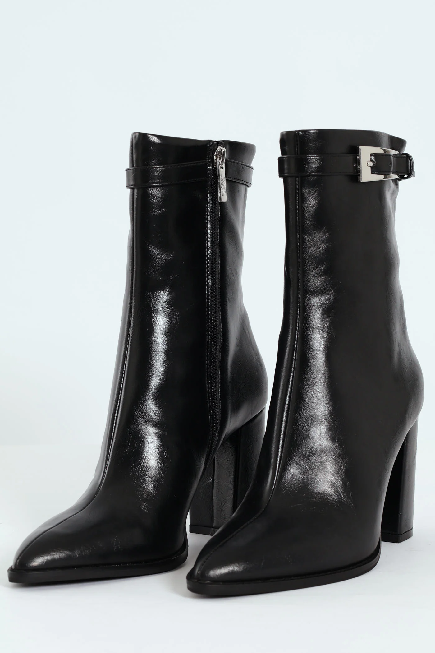 Brentley Pointed Toe Buckle Heeled Boot - Black - Image 8