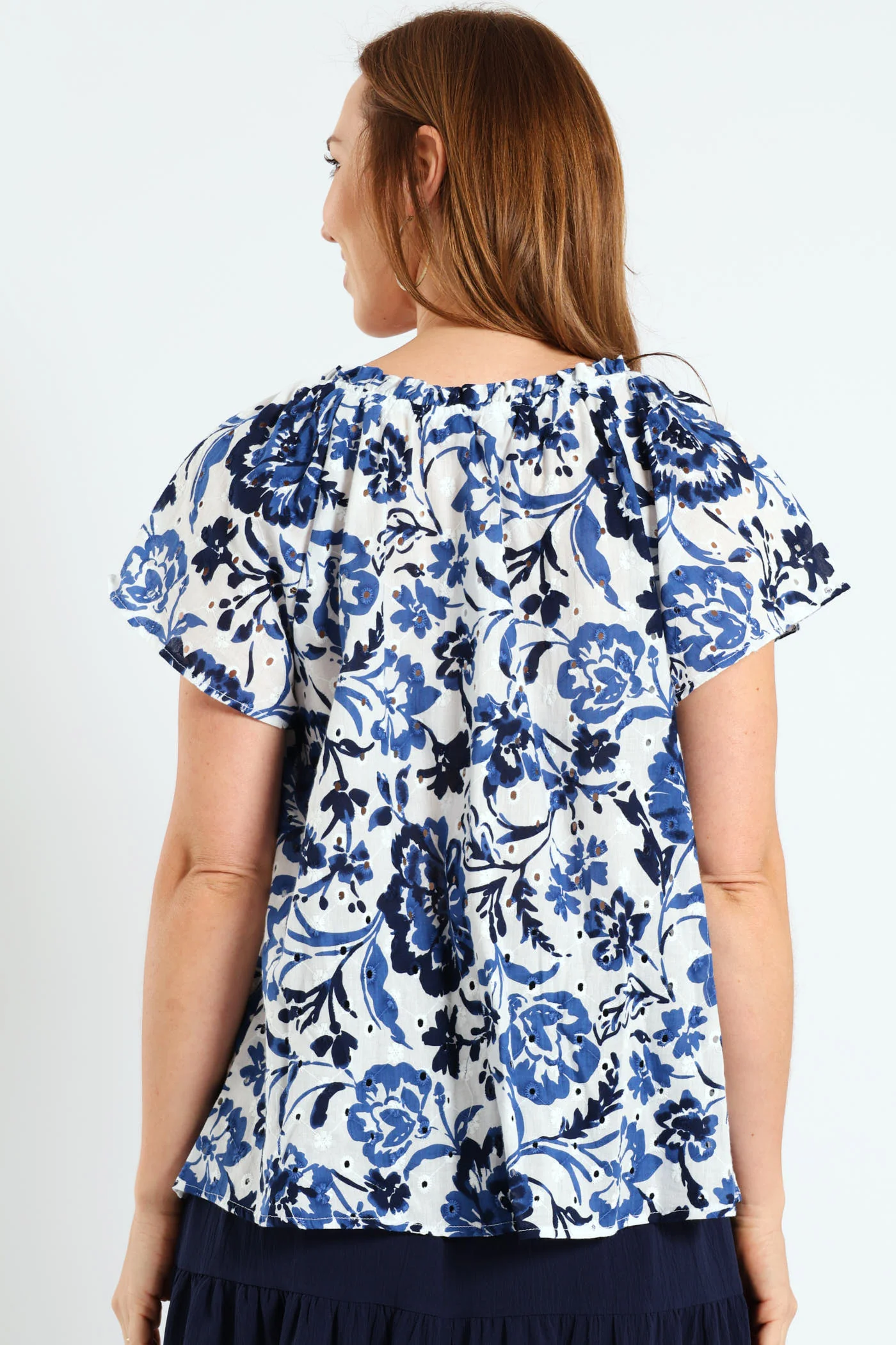 Broiderie Anglaise Peasant Top With Tassels - White/Blue - Image 3