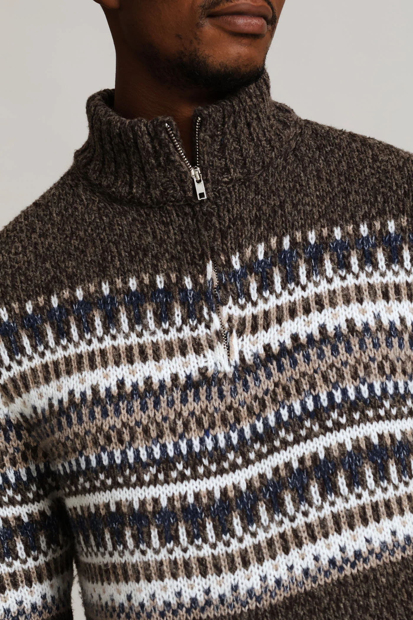 Brown Fair Isle 1/4 Zip Knitwear - Brown - Image 2