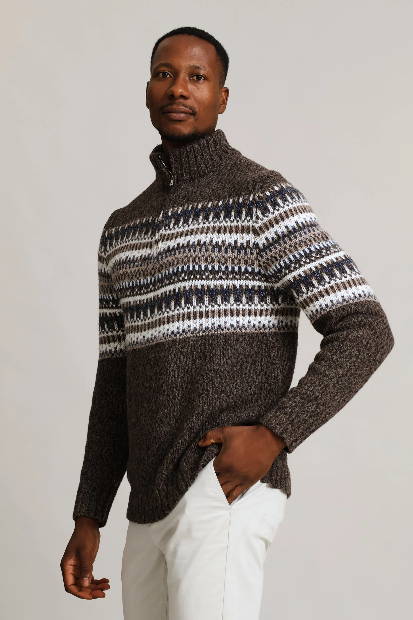 Brown Fair Isle 1/4 Zip Knitwear - Brown - Image 3