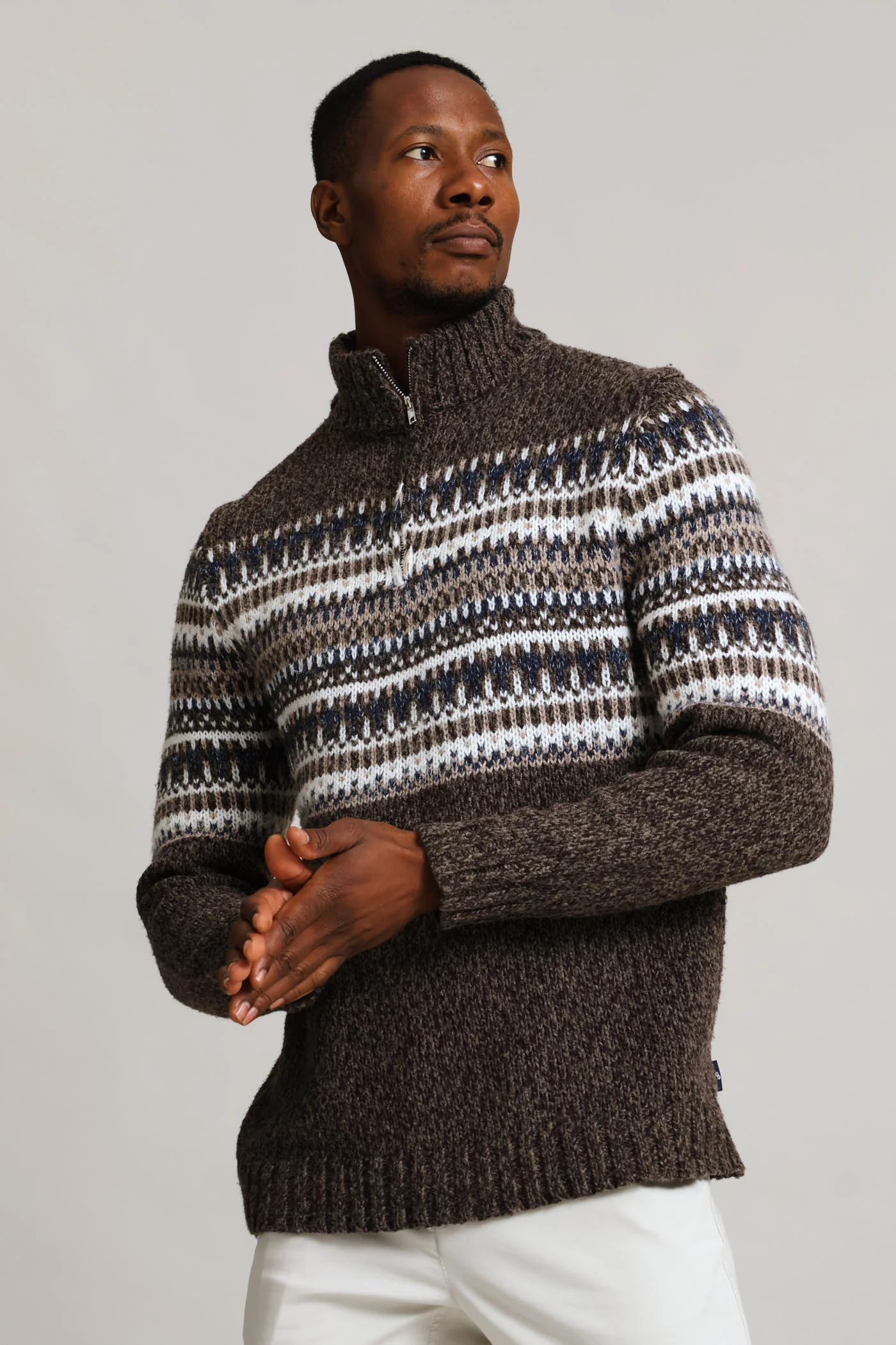 Brown Fair Isle 1/4 Zip Knitwear - Brown - Image 5