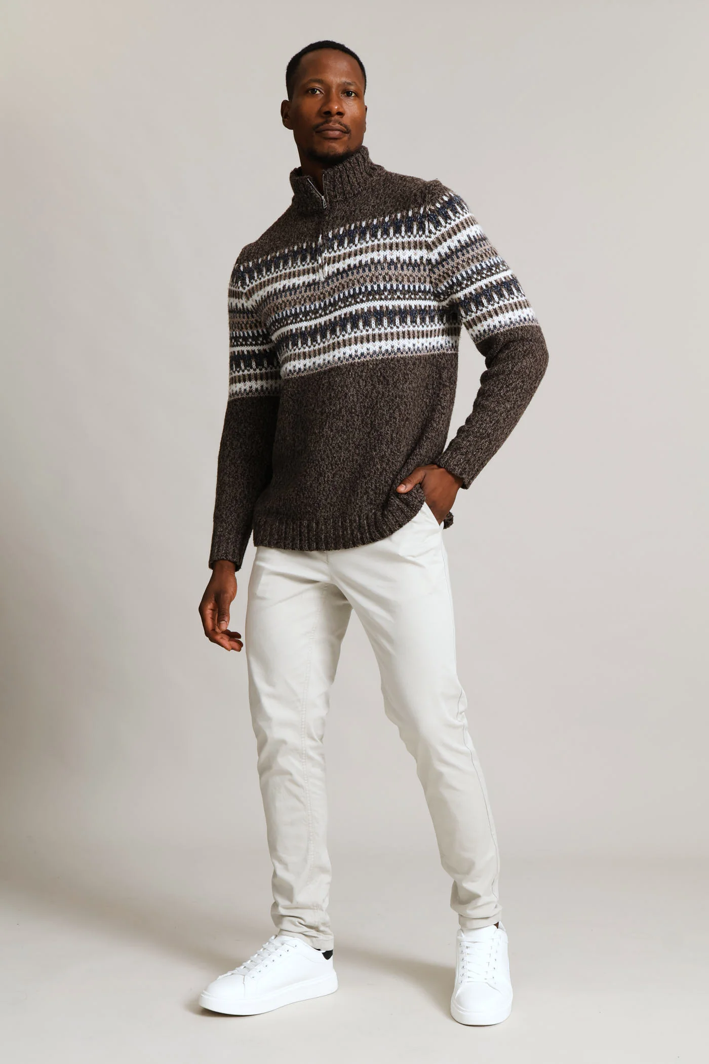 Brown Fair Isle 1/4 Zip Knitwear - Brown - Image 6