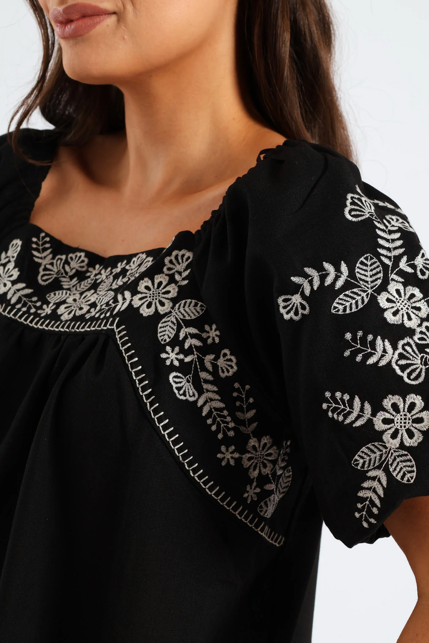 Bubble Embroidered Sleeve & Yoke Flare Midi Dress - Black - Image 2