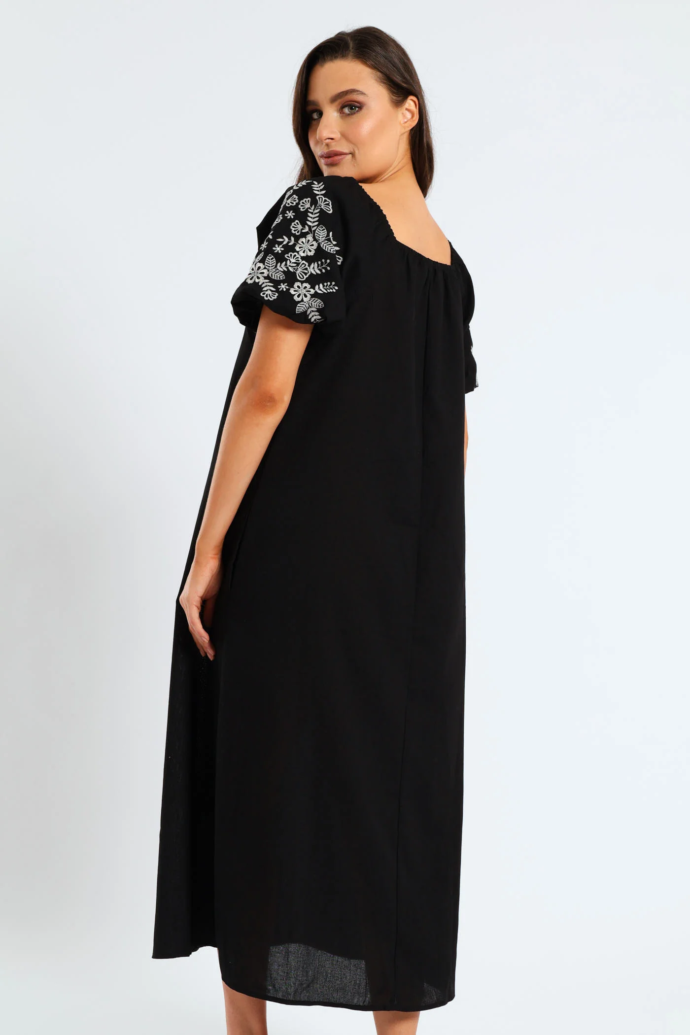 Bubble Embroidered Sleeve & Yoke Flare Midi Dress - Black - Image 4