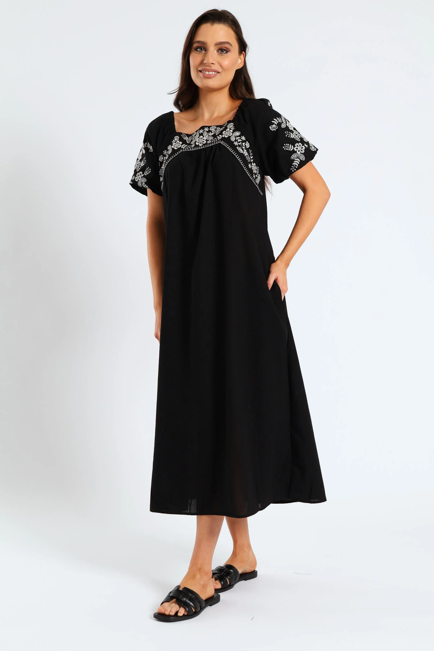 Bubble Embroidered Sleeve & Yoke Flare Midi Dress - Black - Image 5