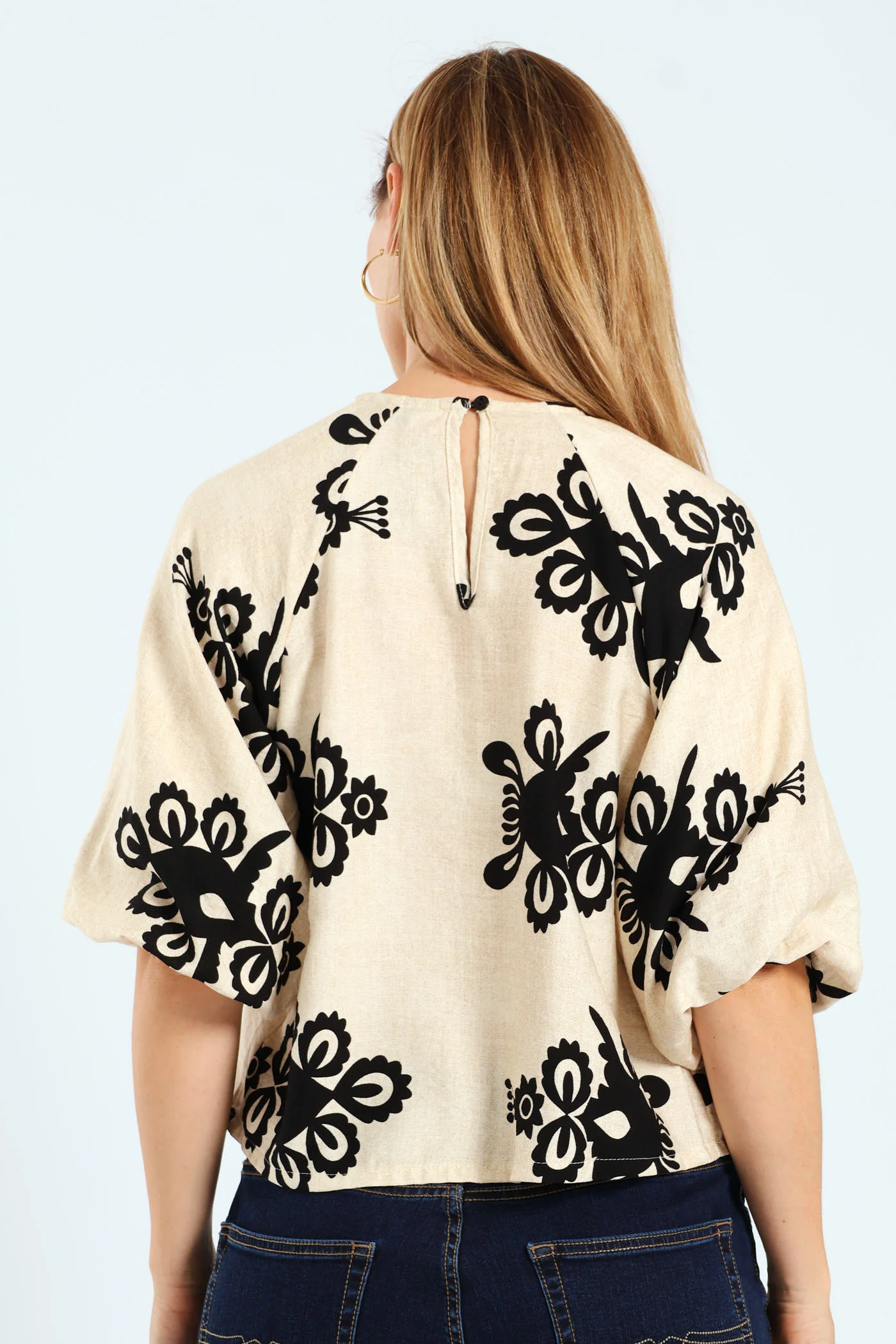 Bubble Raglan Sleeve Blouse - Cream/Black - Image 2