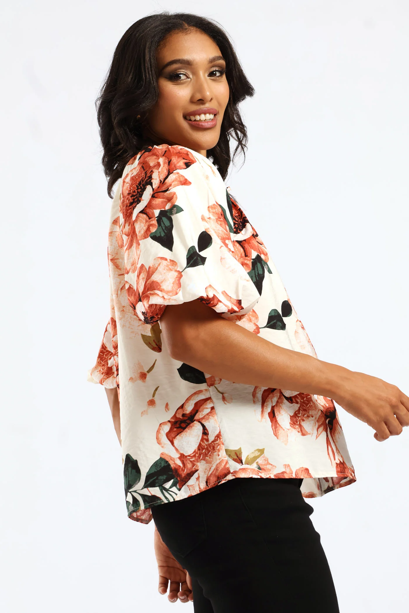 Bubble Raglan Sleeve Notch Neck Print Blouse - Blush - Image 3