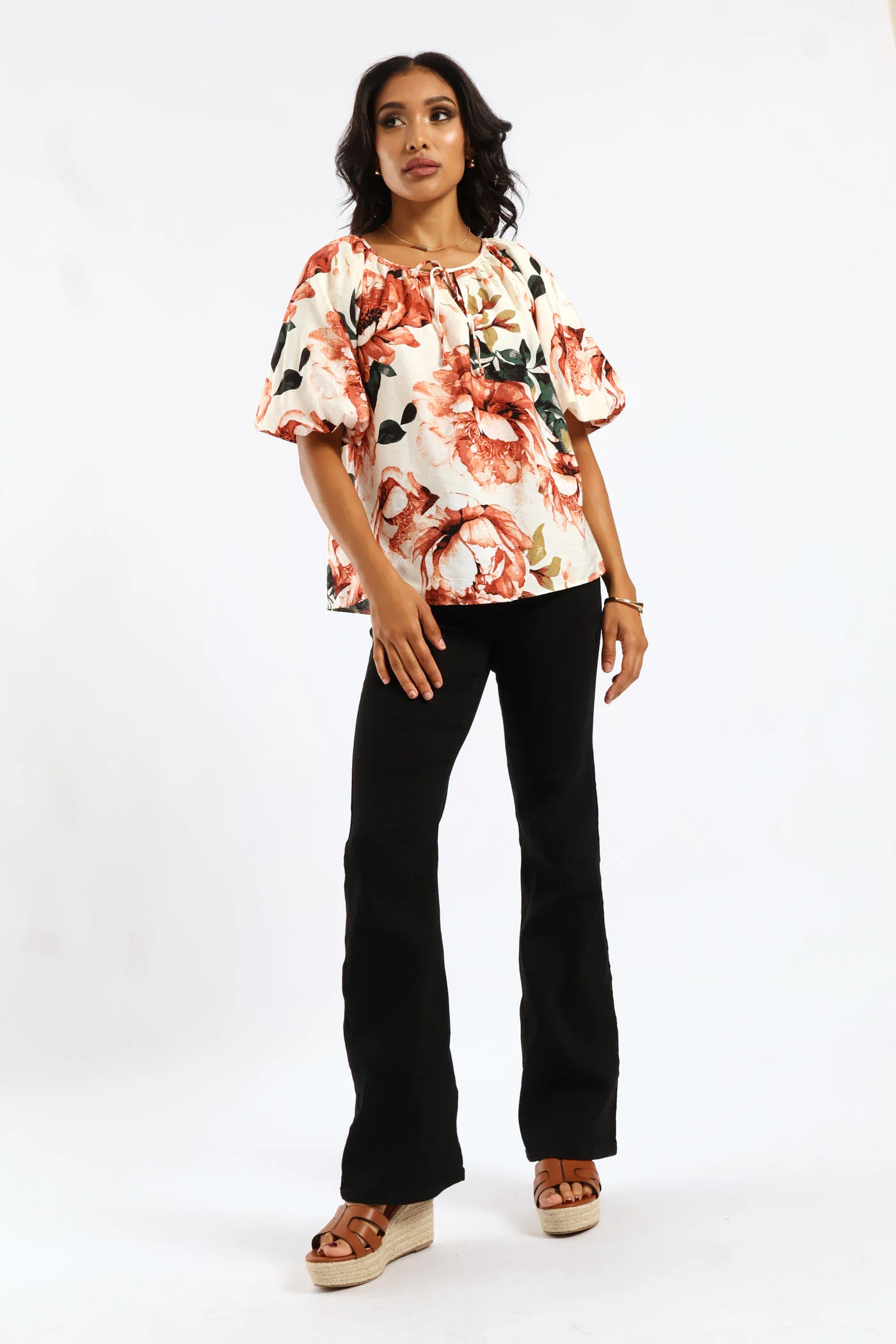Bubble Raglan Sleeve Notch Neck Print Blouse - Blush - Image 4
