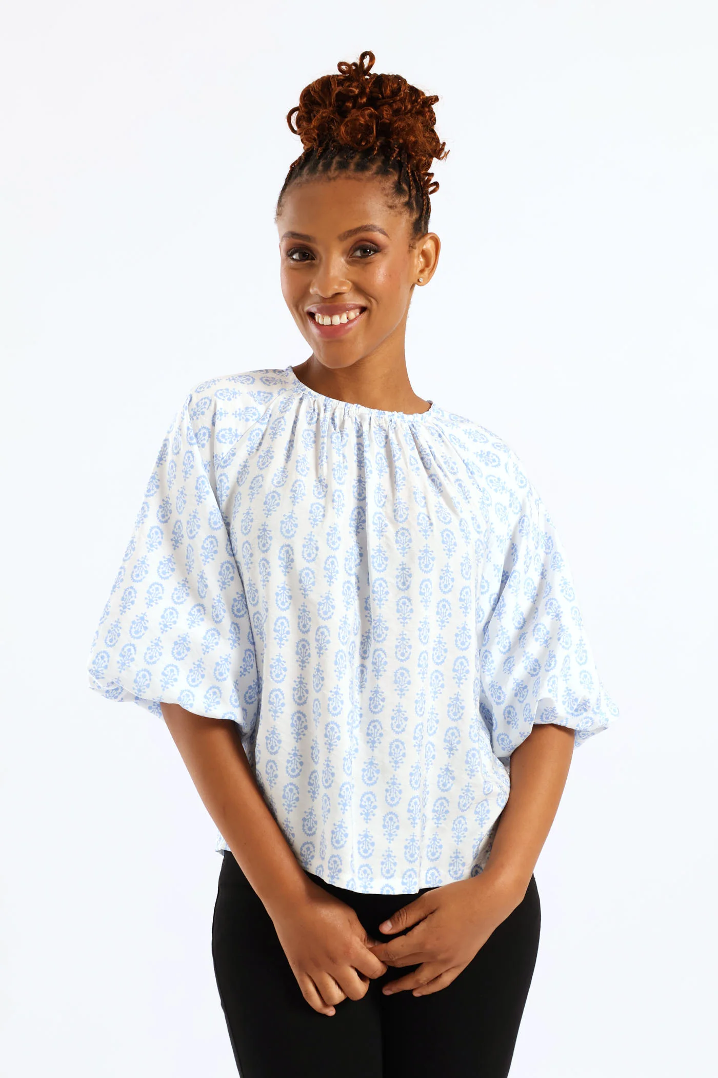 Bubble Raglan Sleeve Printed Blouse - White/Blue - Image 2