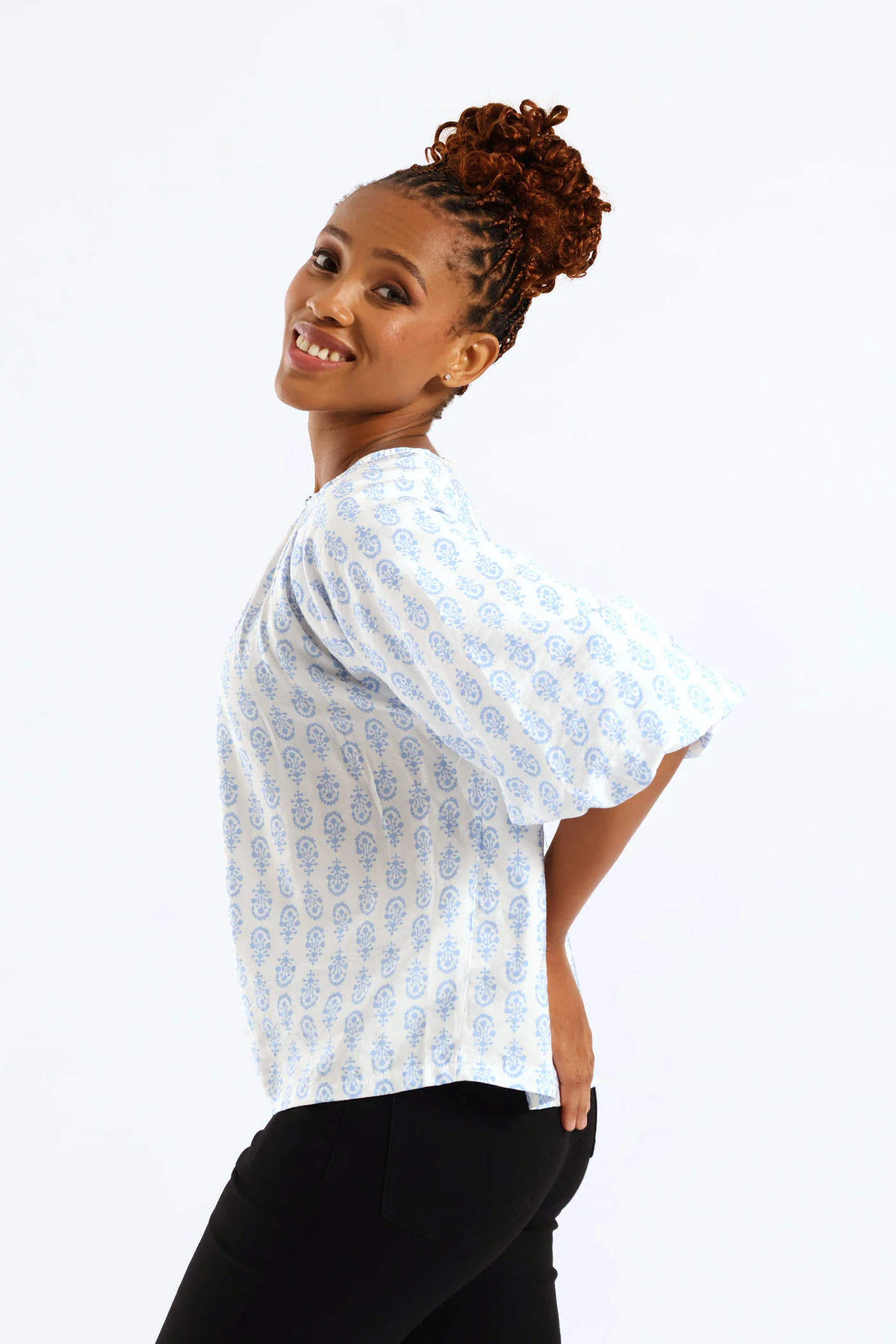 Bubble Raglan Sleeve Printed Blouse - White/Blue - Image 4