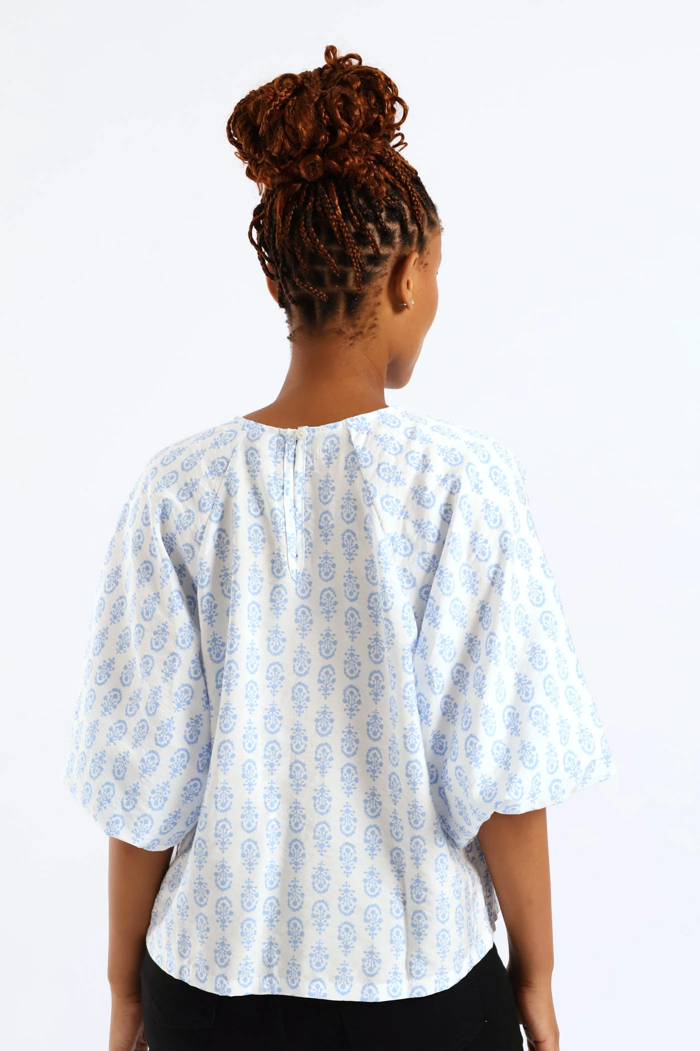Bubble Raglan Sleeve Printed Blouse - White/Blue - Image 5