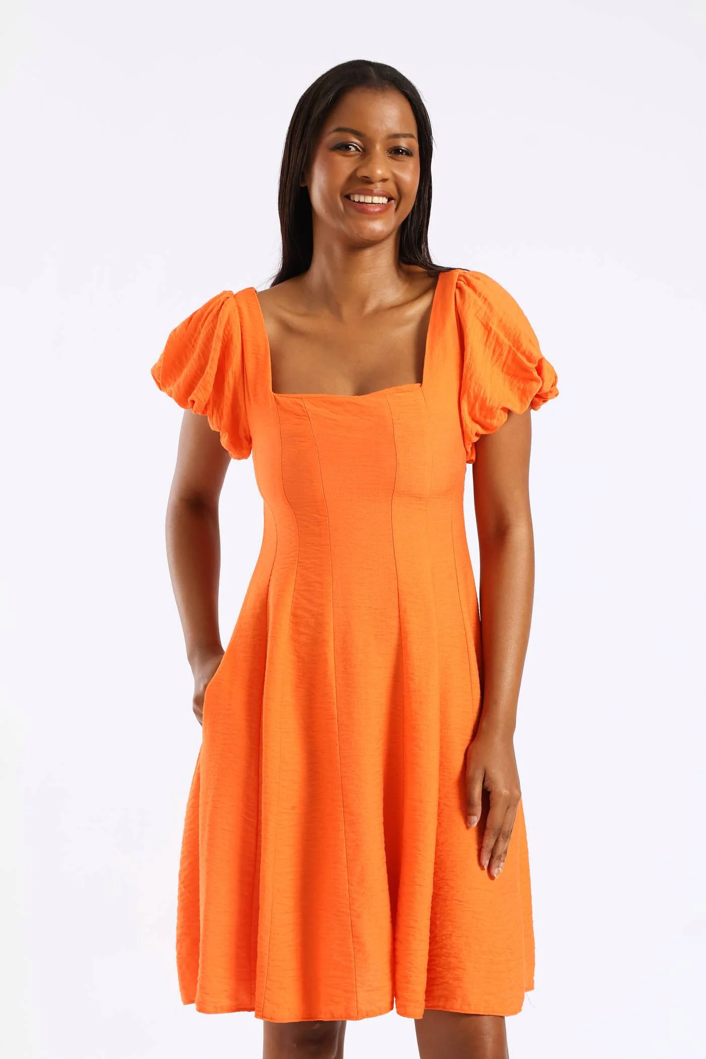 Bubble Short Sleeve Square Neck Pannelled Mini Dress - Orange - Image 2