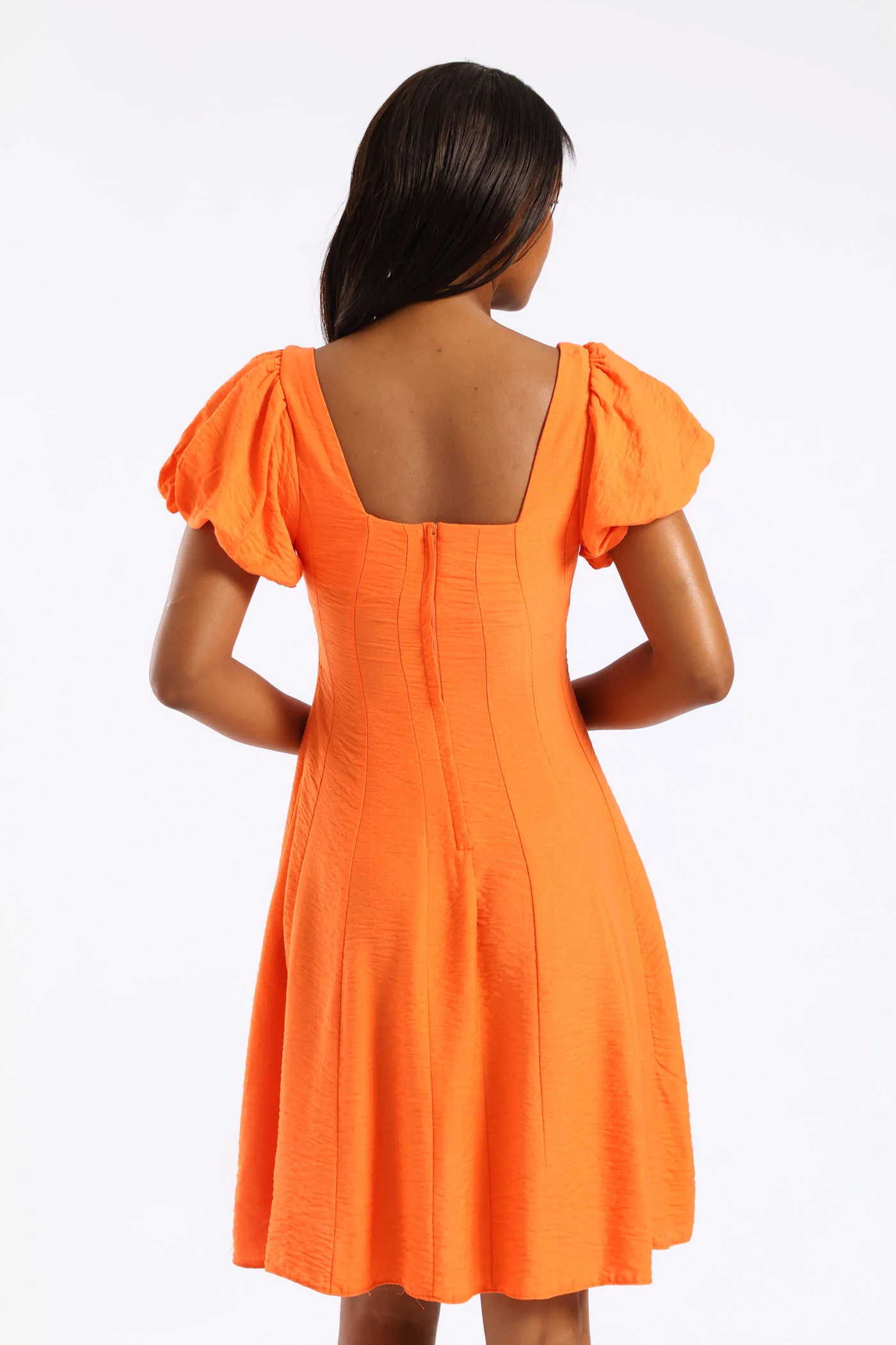 Bubble Short Sleeve Square Neck Pannelled Mini Dress - Orange - Image 4