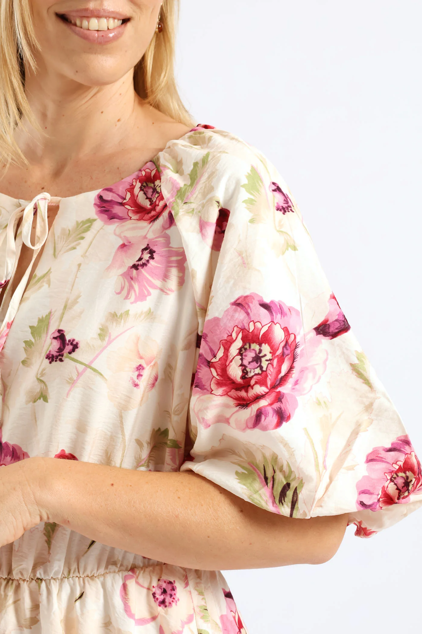 Bubble Sleeve & Hem Tie-Neck Mini Dress - Beige/Pink - Image 2