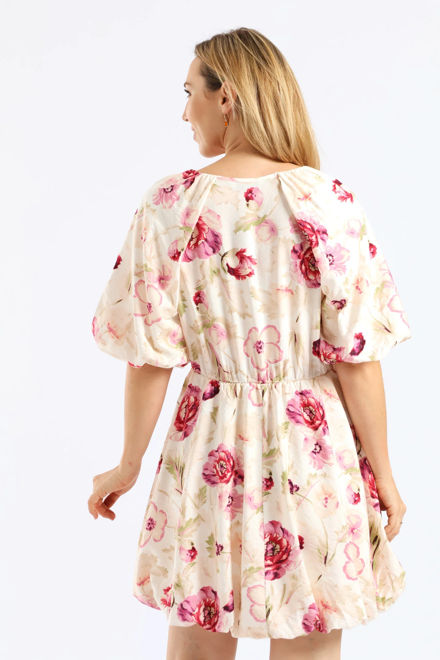 Bubble Sleeve & Hem Tie-Neck Mini Dress - Beige/Pink - Image 3