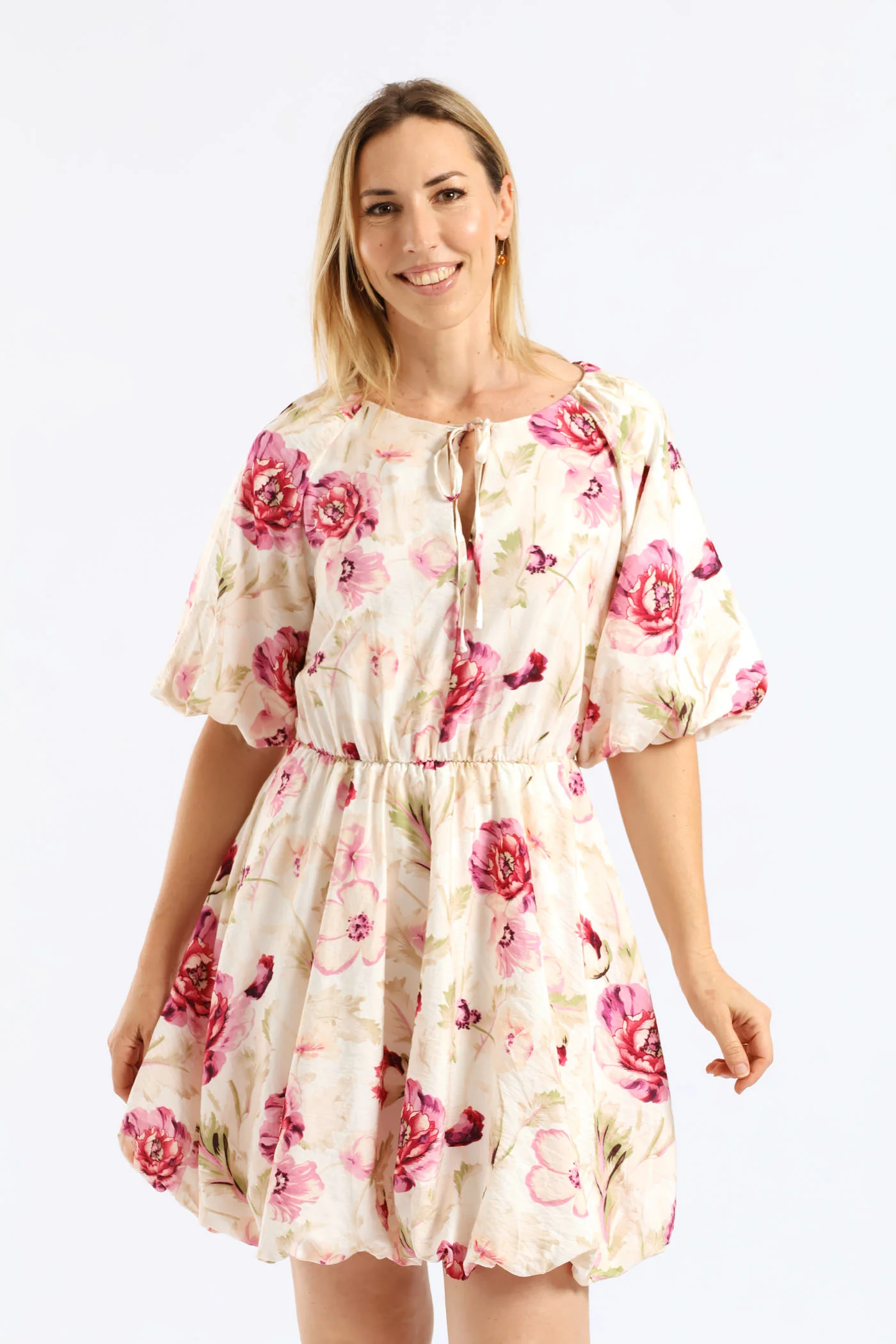 Bubble Sleeve & Hem Tie-Neck Mini Dress - Beige/Pink - Image 4
