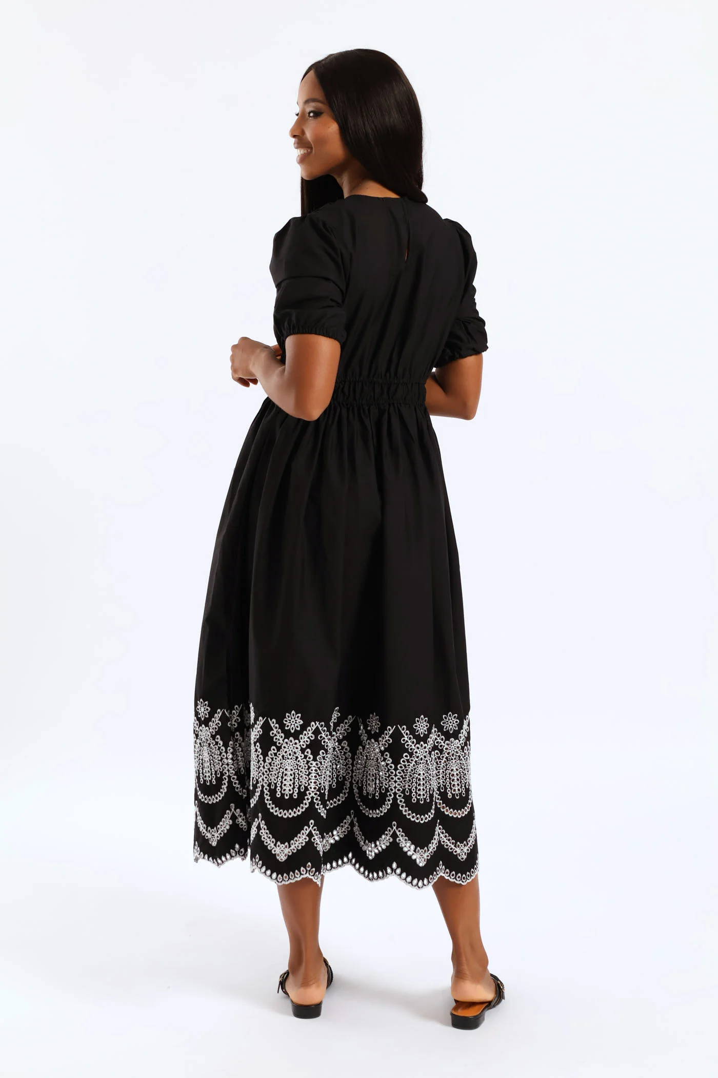 Bubble Sleeve Anglaise Hem Fit & Flare Midi Dress - White/Black - Image 2