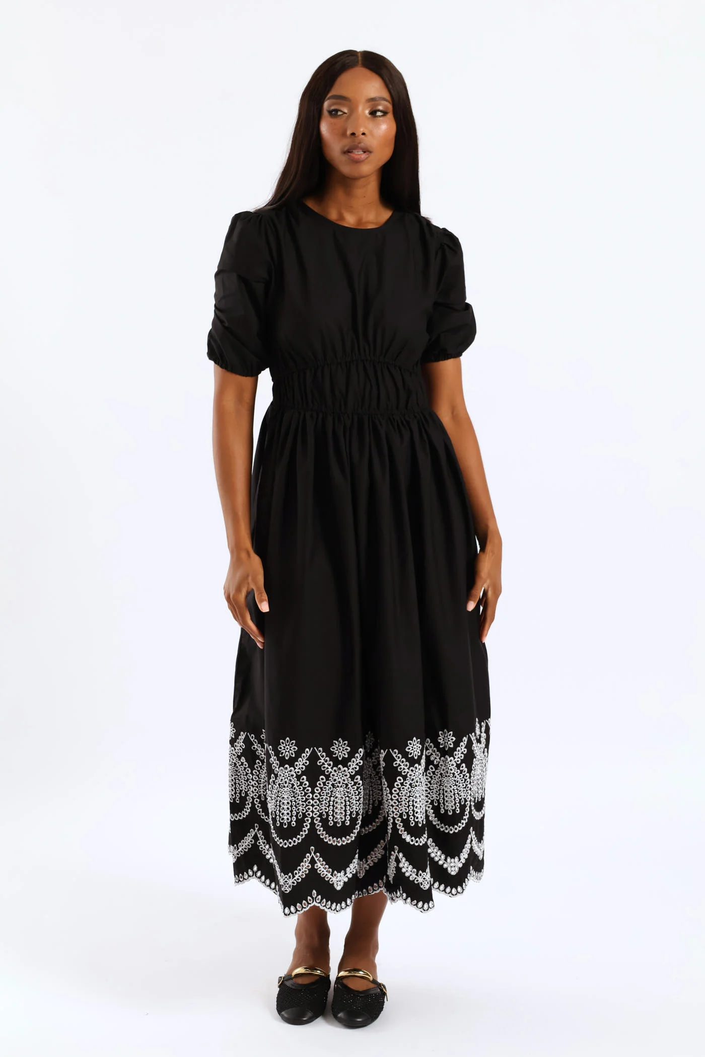 Bubble Sleeve Anglaise Hem Fit & Flare Midi Dress - White/Black - Image 4