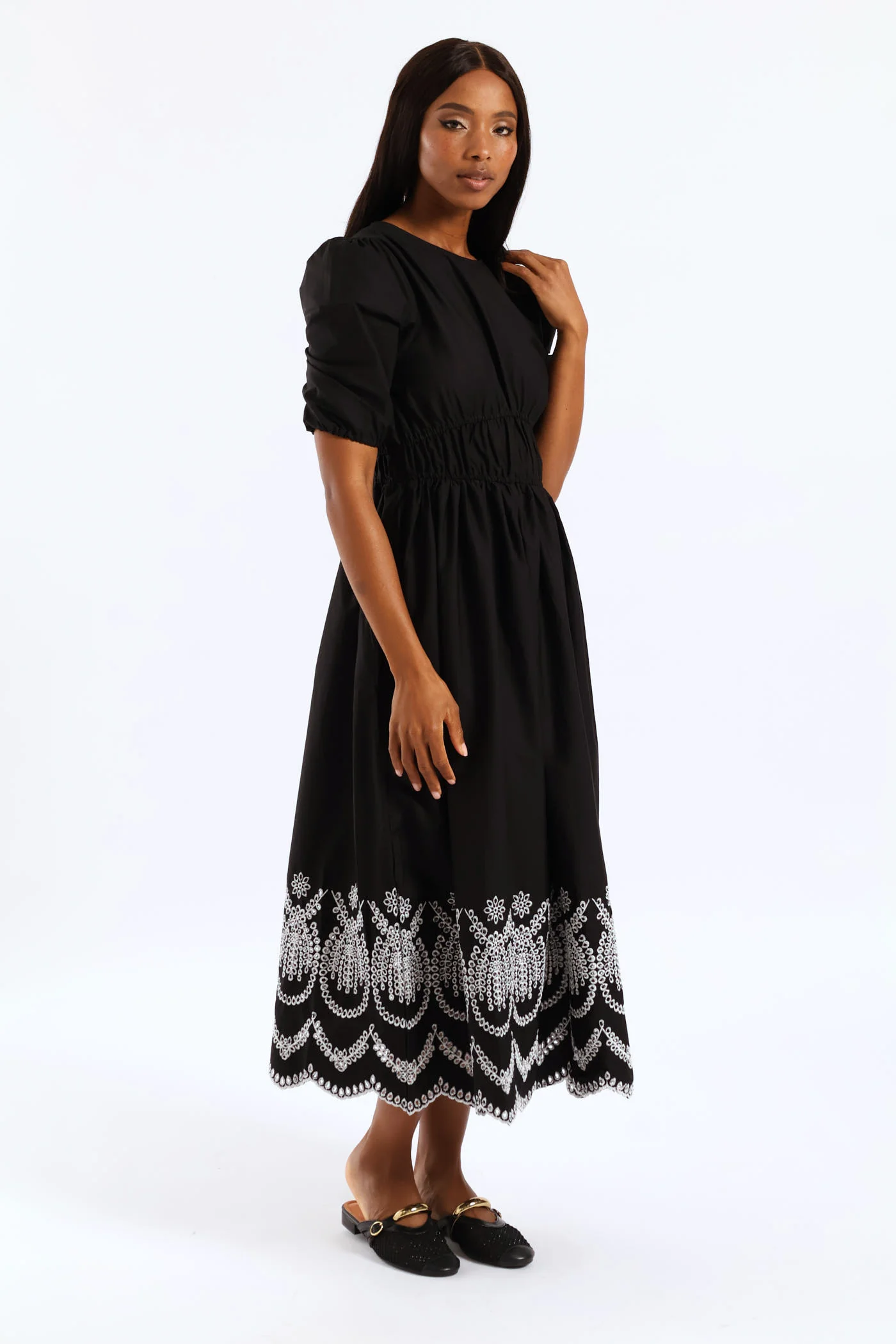 Bubble Sleeve Anglaise Hem Fit & Flare Midi Dress - White/Black - Image 5