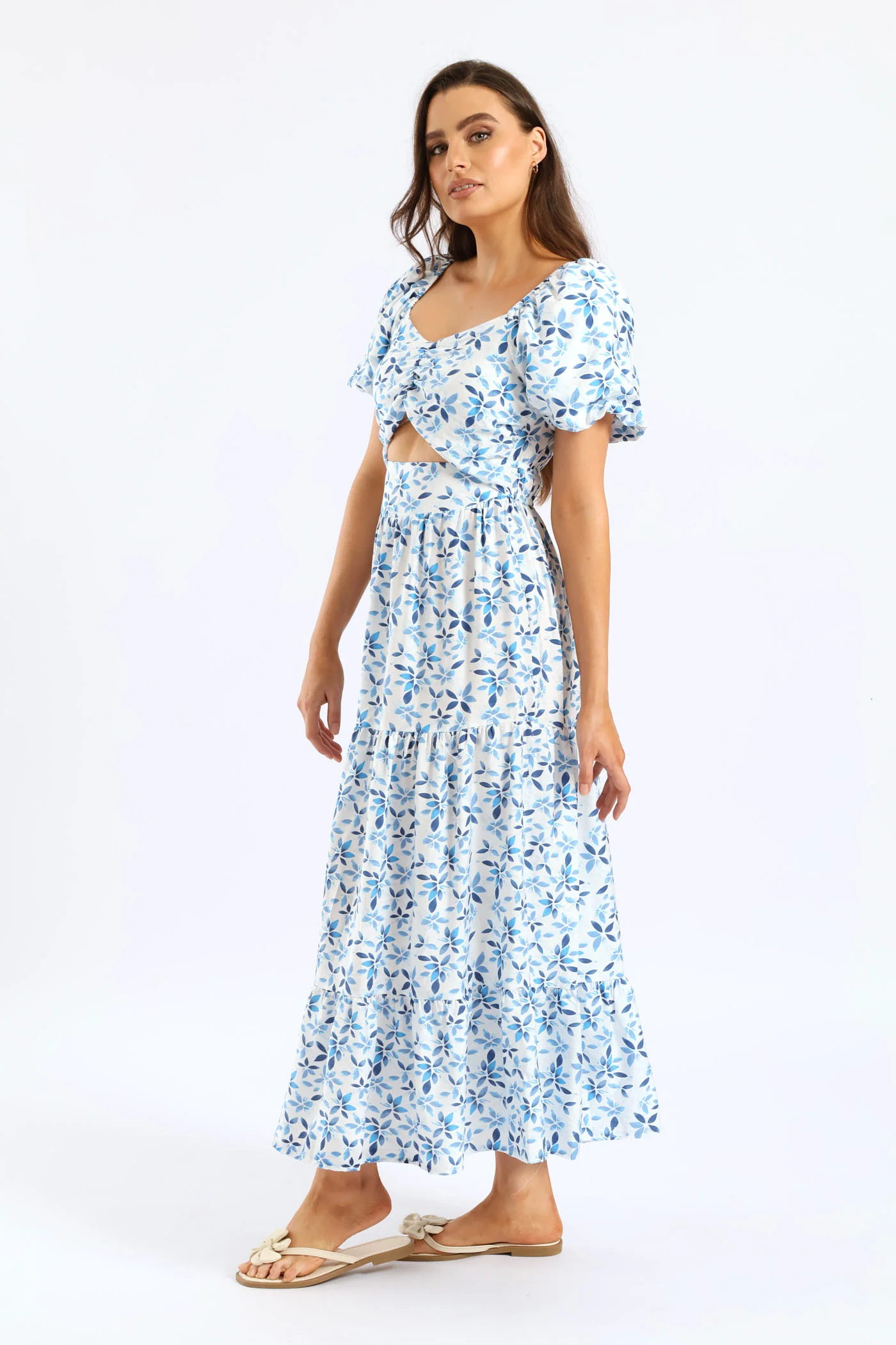 Bubble Sleeve Cut-Out Tiered Maxi Dress - White/Blue - Image 3
